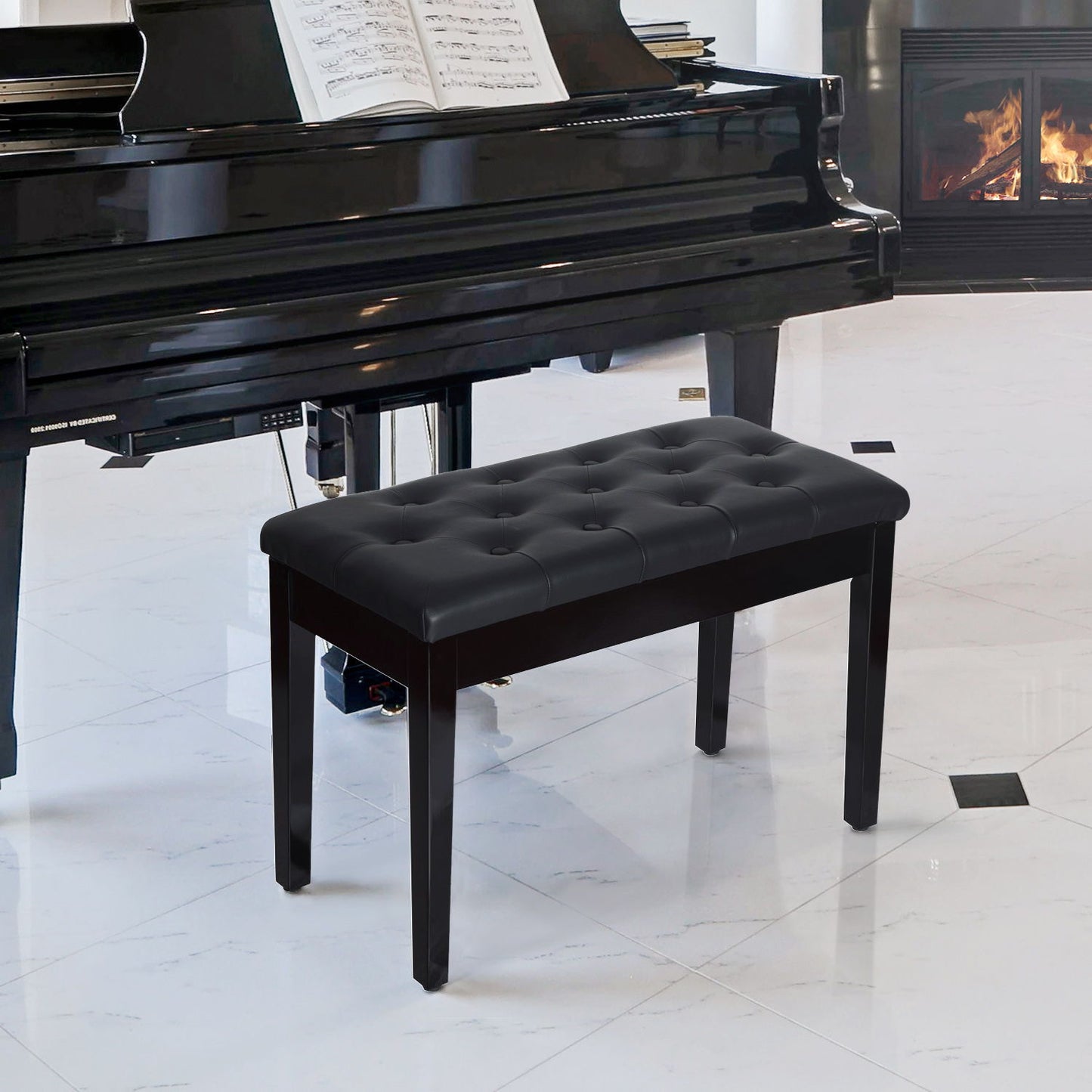 30" Piano Bench with Padded Cushion and Storage, Faux Leather Keyboard Bench with Solid Wood Legs, Black