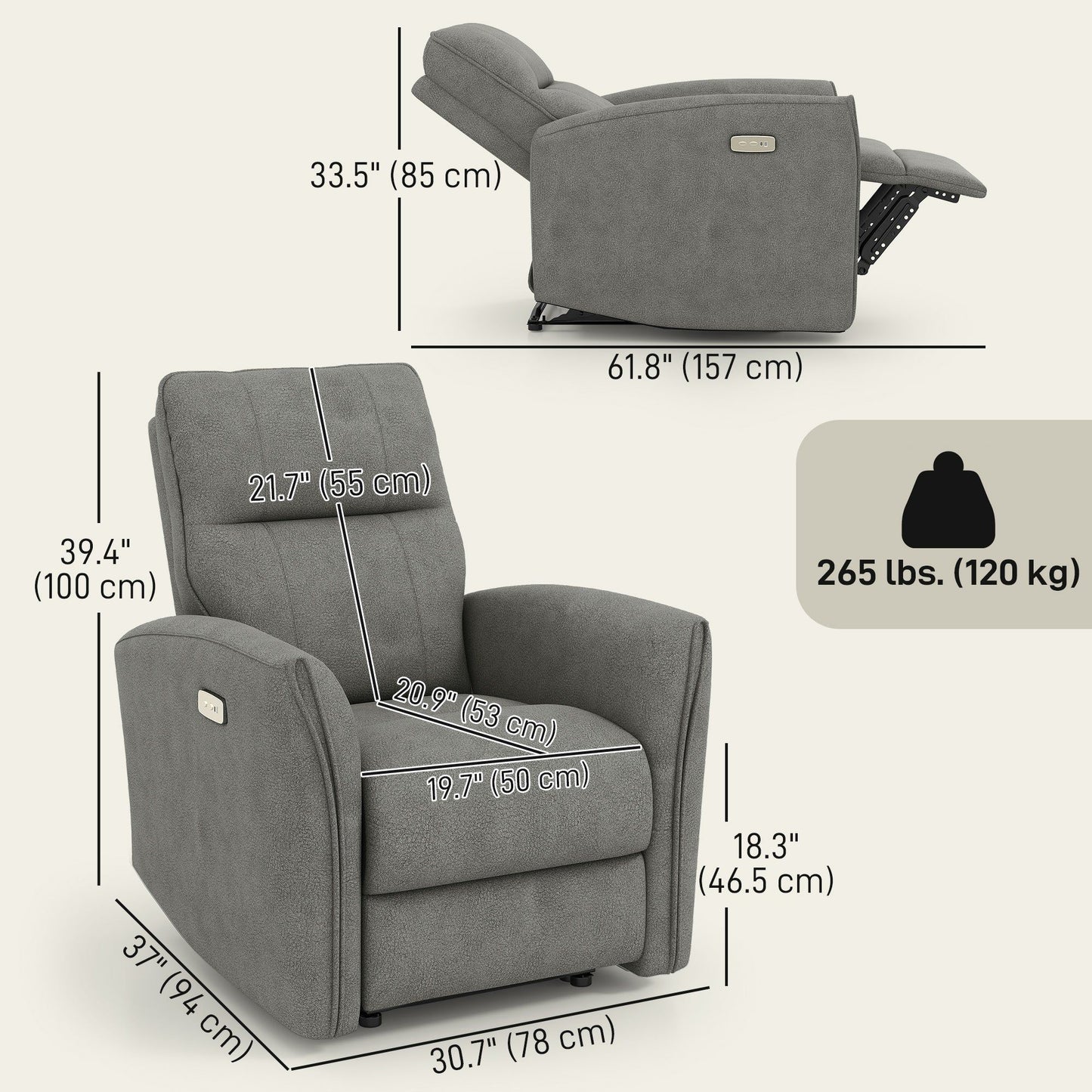 Power Recliner Chair with USB Ports and Footrest - Grey