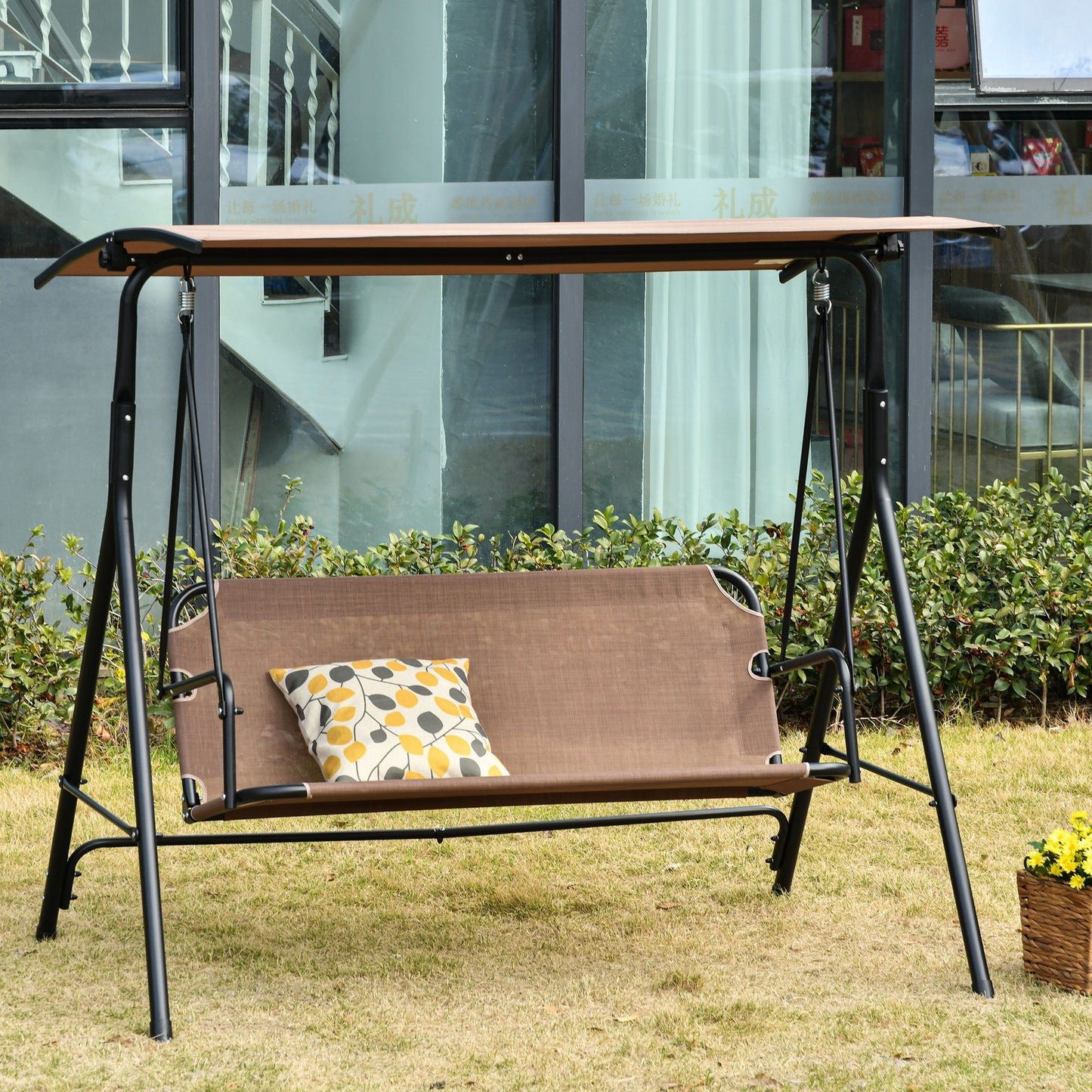 2-Person Porch Swing Chair, 2 Seater Patio Swing Bench w/ Adjustable Canopy, Breathable Seat for Garden, Poolside, Brown