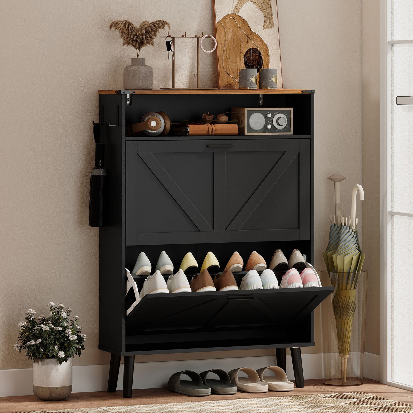 Shoe Storage Cabinet with 2 Flip Drawers, Farmhouse Narrow Shoe Cabinet, Holds Up to 16 Pairs, Black