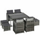 9 Pieces Wicker Patio Dining Set Outdoor Furniture Set with Removable Cushions, Glass Top Dining Table, Ottomans, PE Rattan Conversation Set for Garden Poolside, Grey