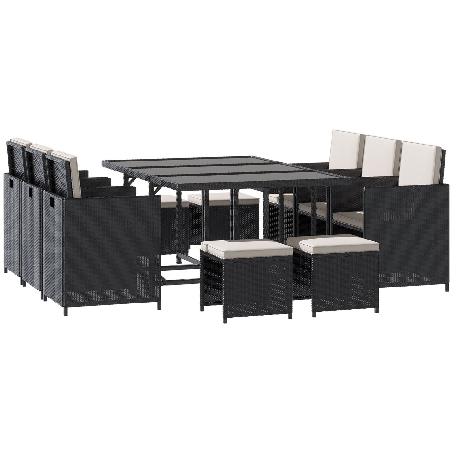 11 Pieces Wicker Patio Dining Set, Space-saving Outdoor Furniture Set with Removable Cushions, Glass Top Dining Table, 6 Armchairs, 4 Ottomans, PE Rattan Conversation Set