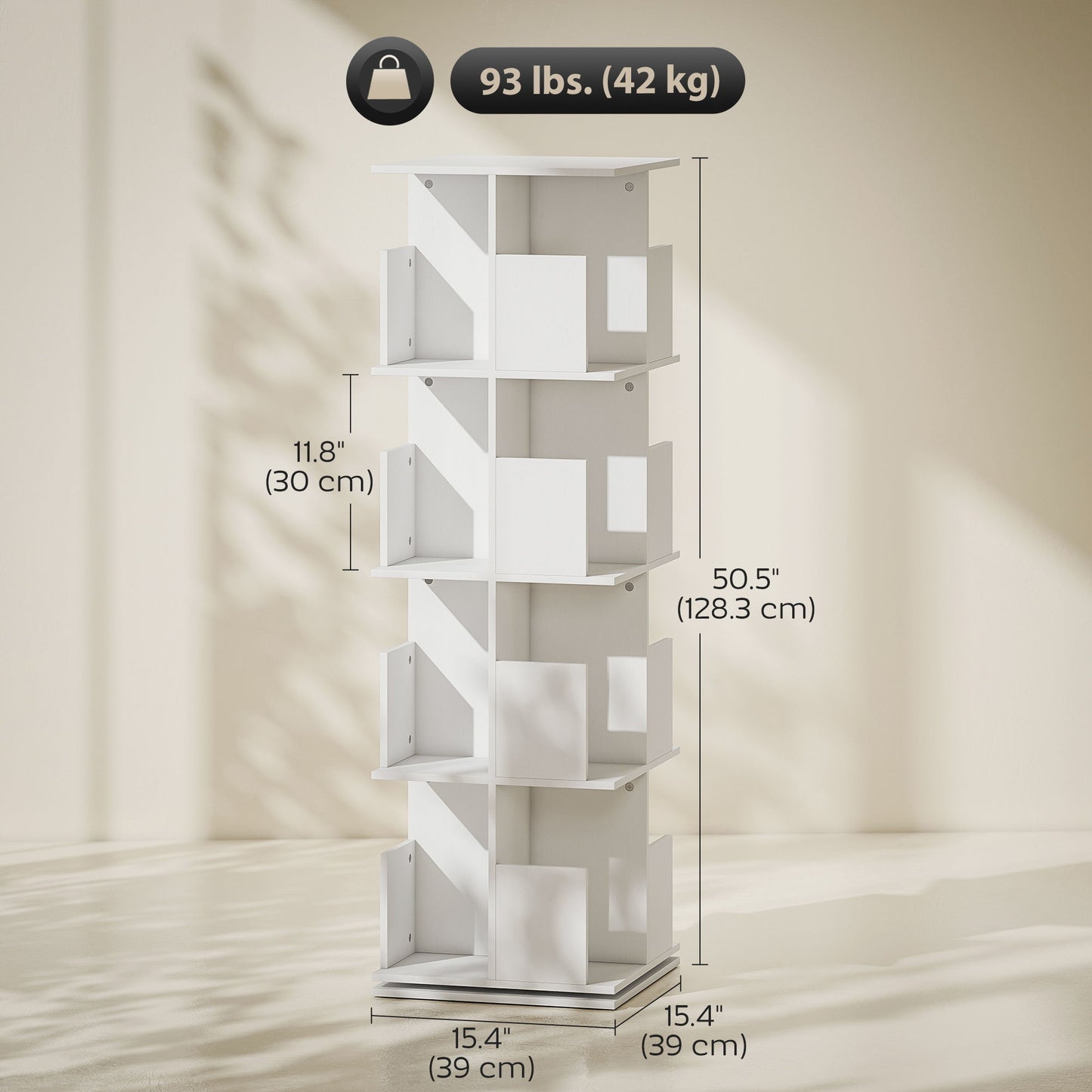 360° Rotating Bookcase, 4 Tier Bookshelf with 16 Cubbies for Small Space, Living Room, Bedroom, Study, White Wood Grain