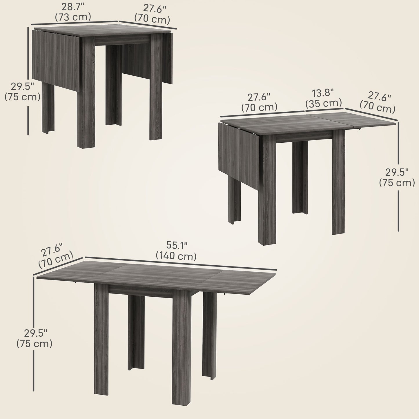 Folding Dining Table, Extendable Kitchen Table for Small Space, Drop Leaf Table for 2-4 People, Grey