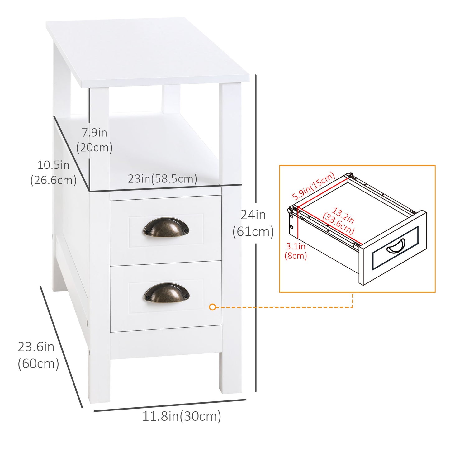 Slim End Table with 2 Drawers and Storage Shelf, Sofa Side Table for Living Room, Narrow Nightstand, White