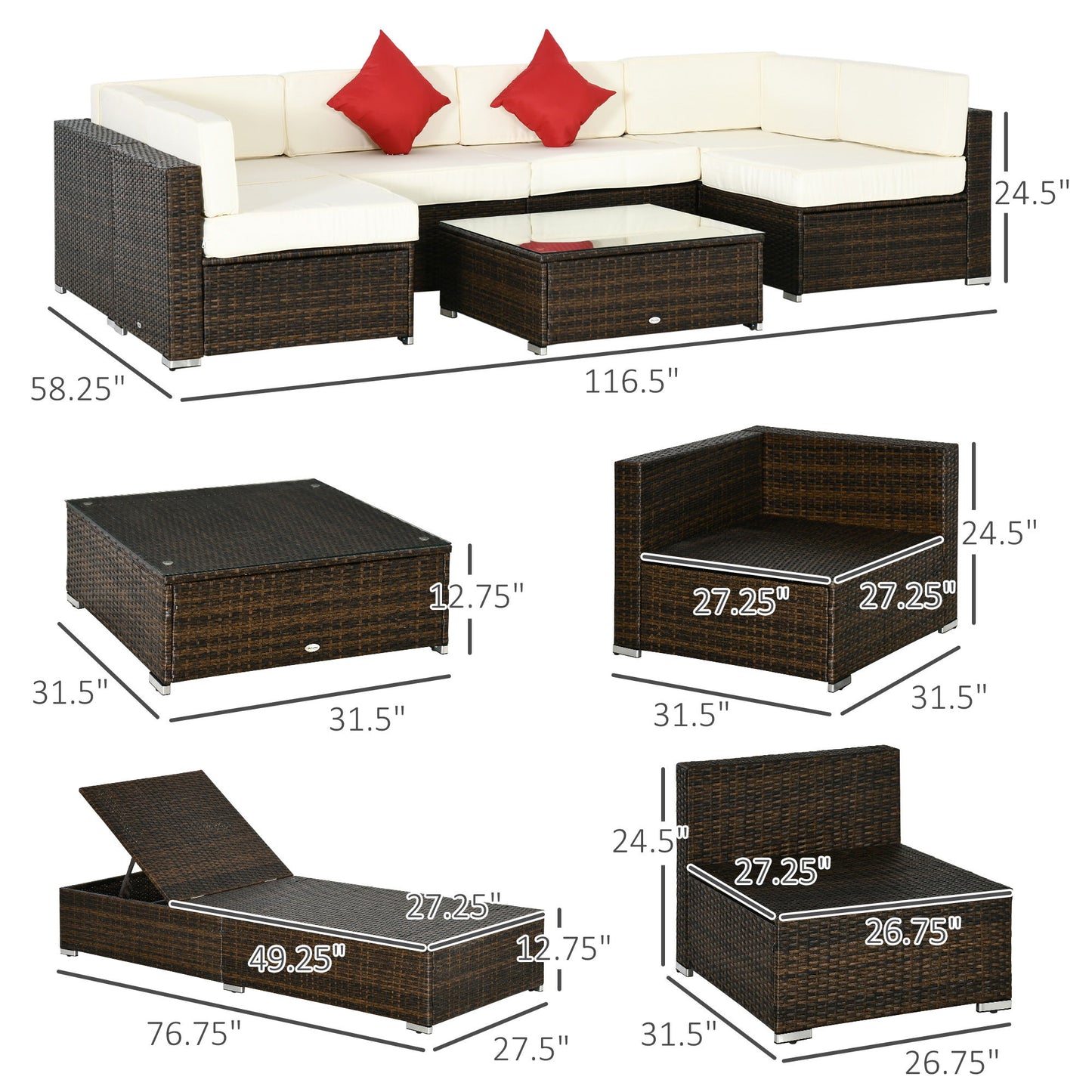 9 Pieces Wicker Patio Furniture Set with Cushion, Cream White