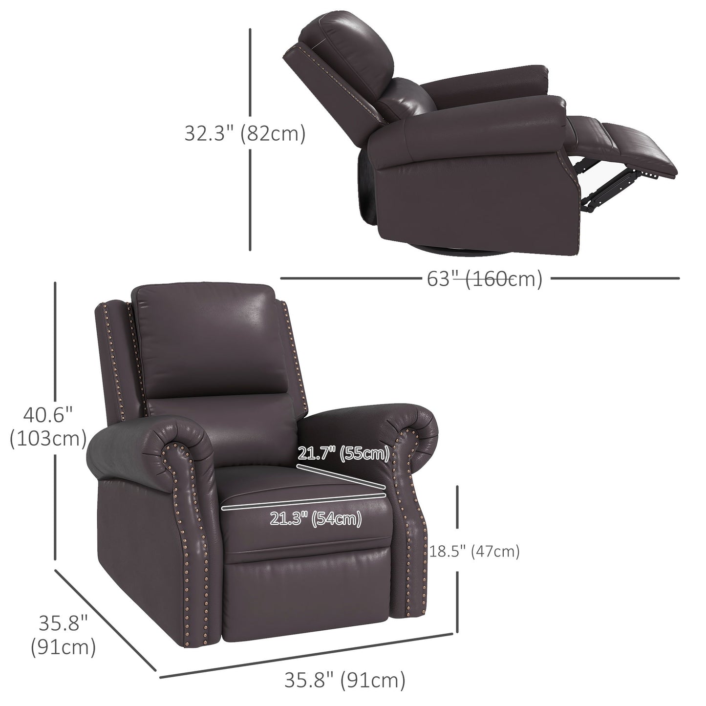 Swivel Recliner Chair, Reclining Sofa, PU Leather Rocker with Thick Padded Back and Seat for Living Room, Brown