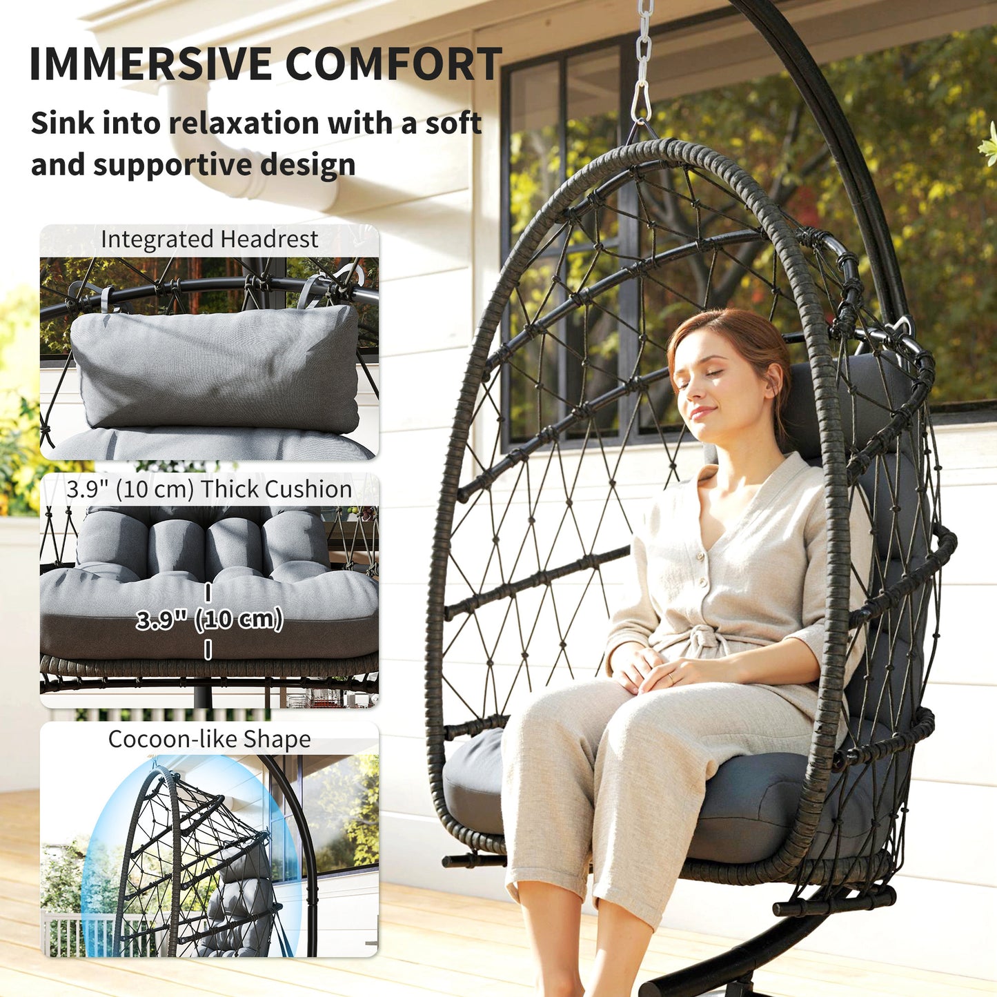 Hanging Egg Chair with Stand, Foldable Wicker Rattan Swing Chair with Thick Cushion and Safety Rope, Grey