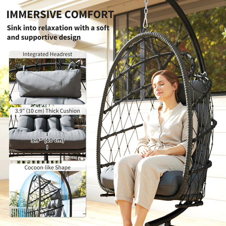 Foldable Wicker Egg Chair with Stand and Safety Rope