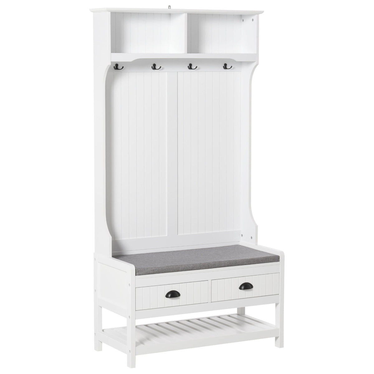 Hall Tree Shoe Bench with 4 Hooks and Drawers - White