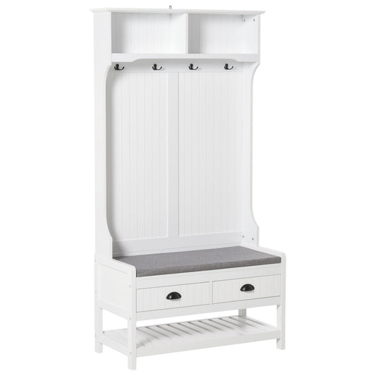 Hall Tree Shoe Bench with 4 Hooks and Drawers - White