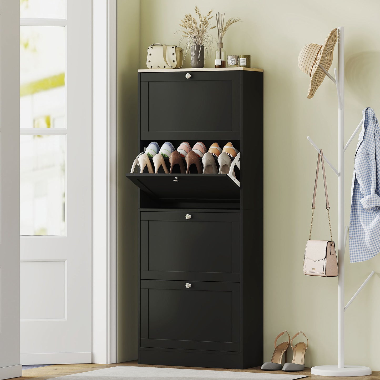 Modern Shoe Storage Cabinet with 4 Flip Drawers and Adjustable Shelves, Shoe Cabinet for 18-24 Pairs of Shoes, Black