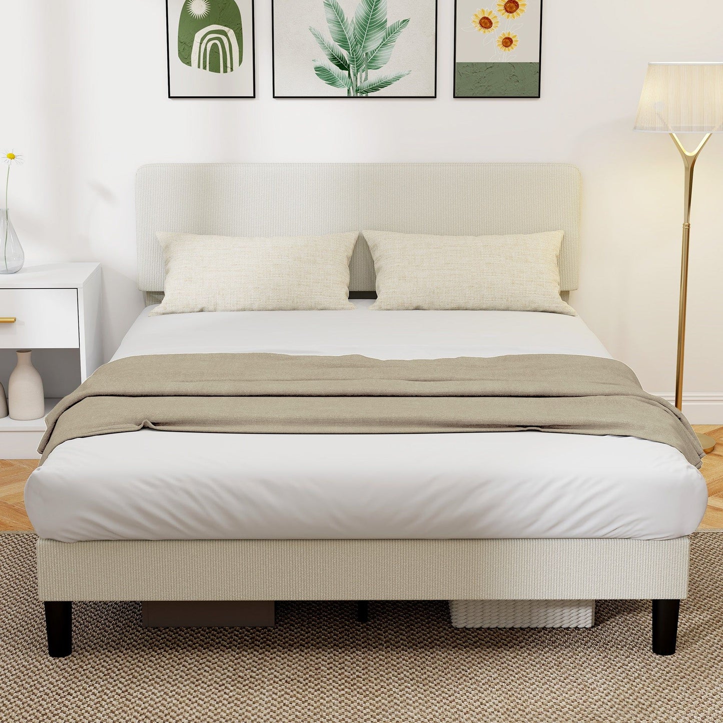 Queen Platform Bed Frame with Adjustable Headboard - Light Grey