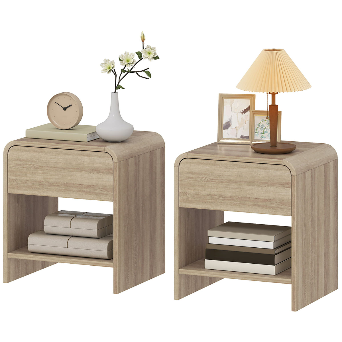 Nightstand Set of 2, Modern Bedside Table with Rounded Corners, Nightstand with Drawer and Open Shelf, Natural Wood
