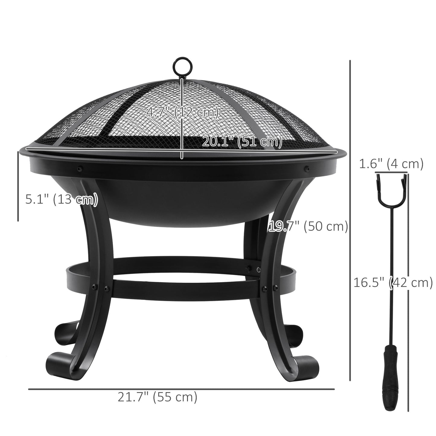 Outdoor Fire Pit, Firepit with Mesh Lid, Poker, for Camping, Bonfire, Picnic, Black