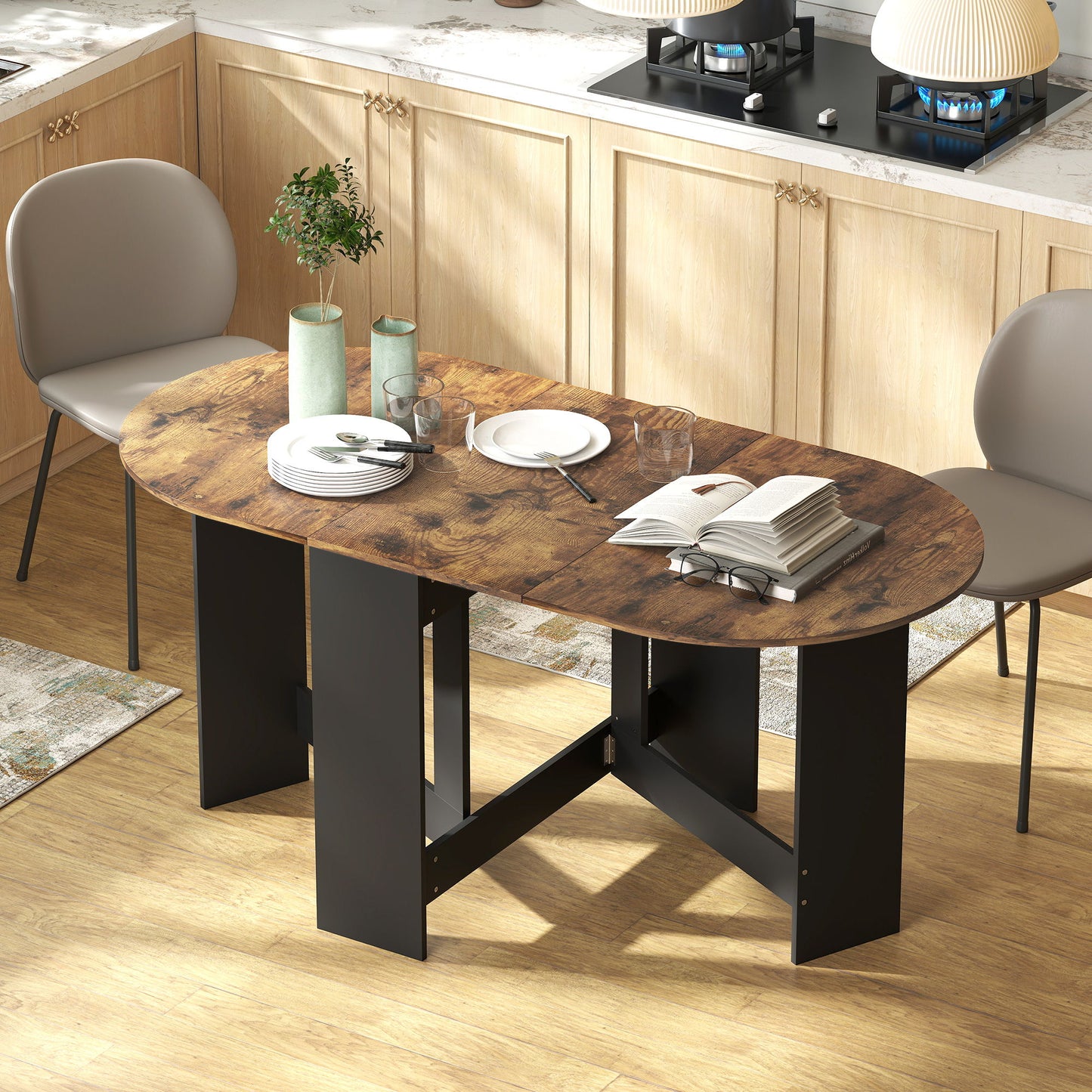 Oval Folding Dining Table, Space Saving Drop Leaf Kitchen Table for Dining Room, Living Room, Rustic Brown
