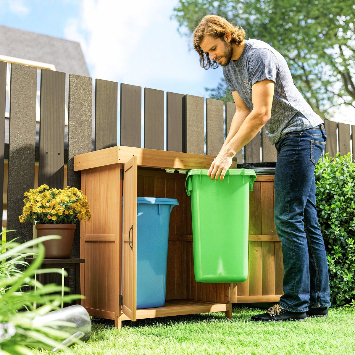 Wooden Garden Tool Storage Shed Kit with Hinged Roof, 2-Tier Shelves and Double Doors, 74x43x88cm, Natural Wood