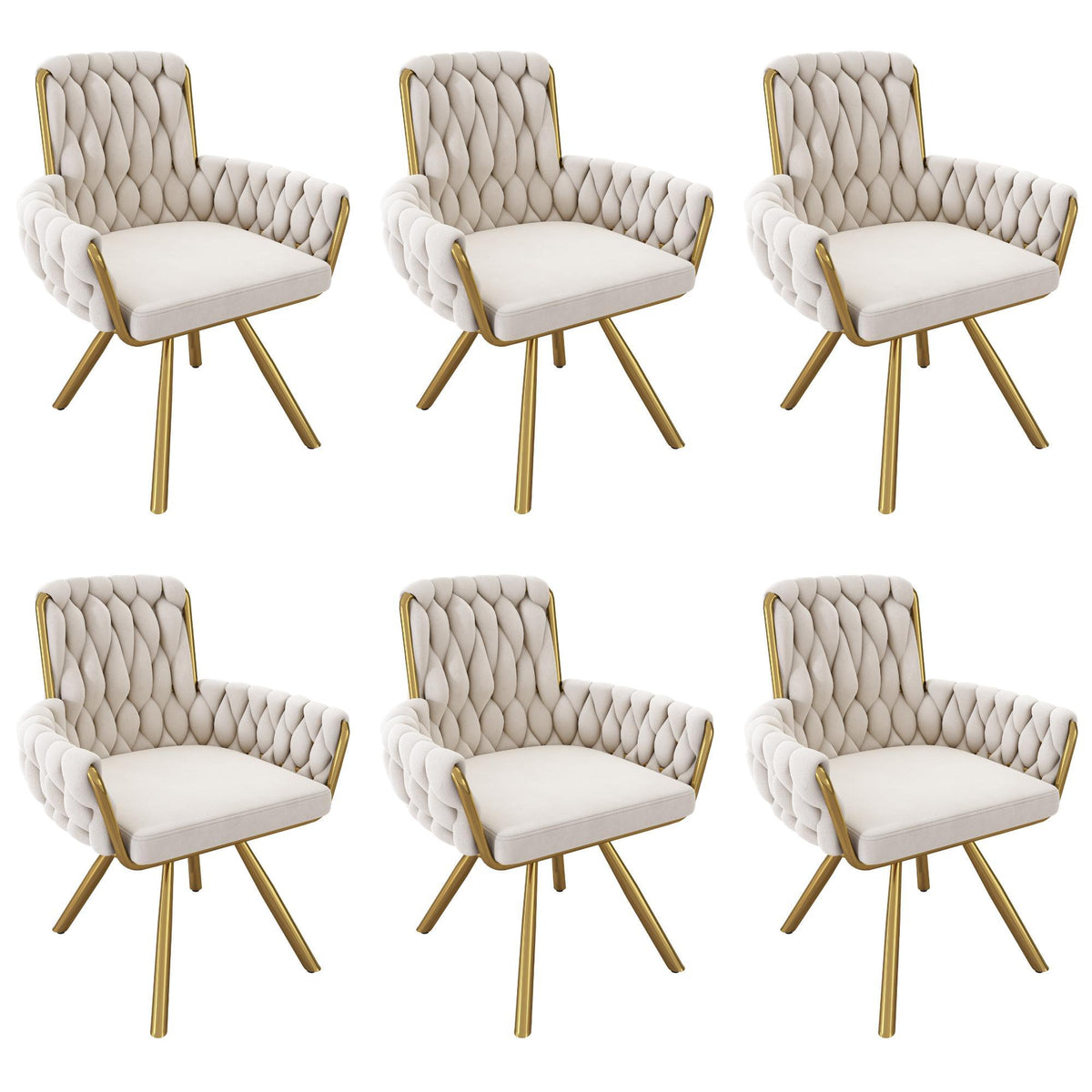 Set of 6 Velvet Dining Chairs with Electroplated Metal Legs, Upholstered Chairs with Ergonomic Support, 25'' L x 25'' W x 34'' H, Beige+Gold