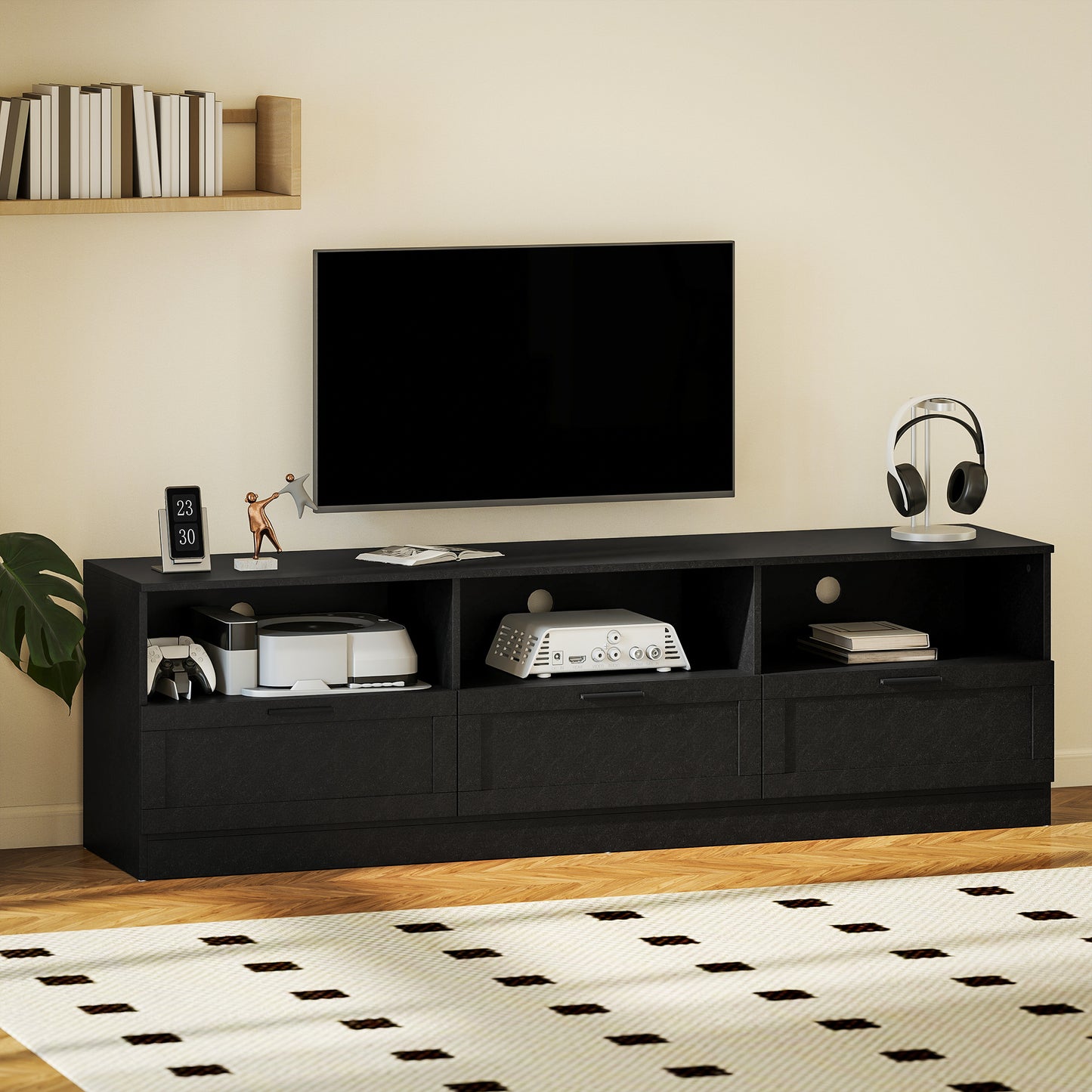 TV Stand with Storage, Modern Entertainment Center with 3 Cabinets and 3 Open Shelves, for TVs up to 85", Black