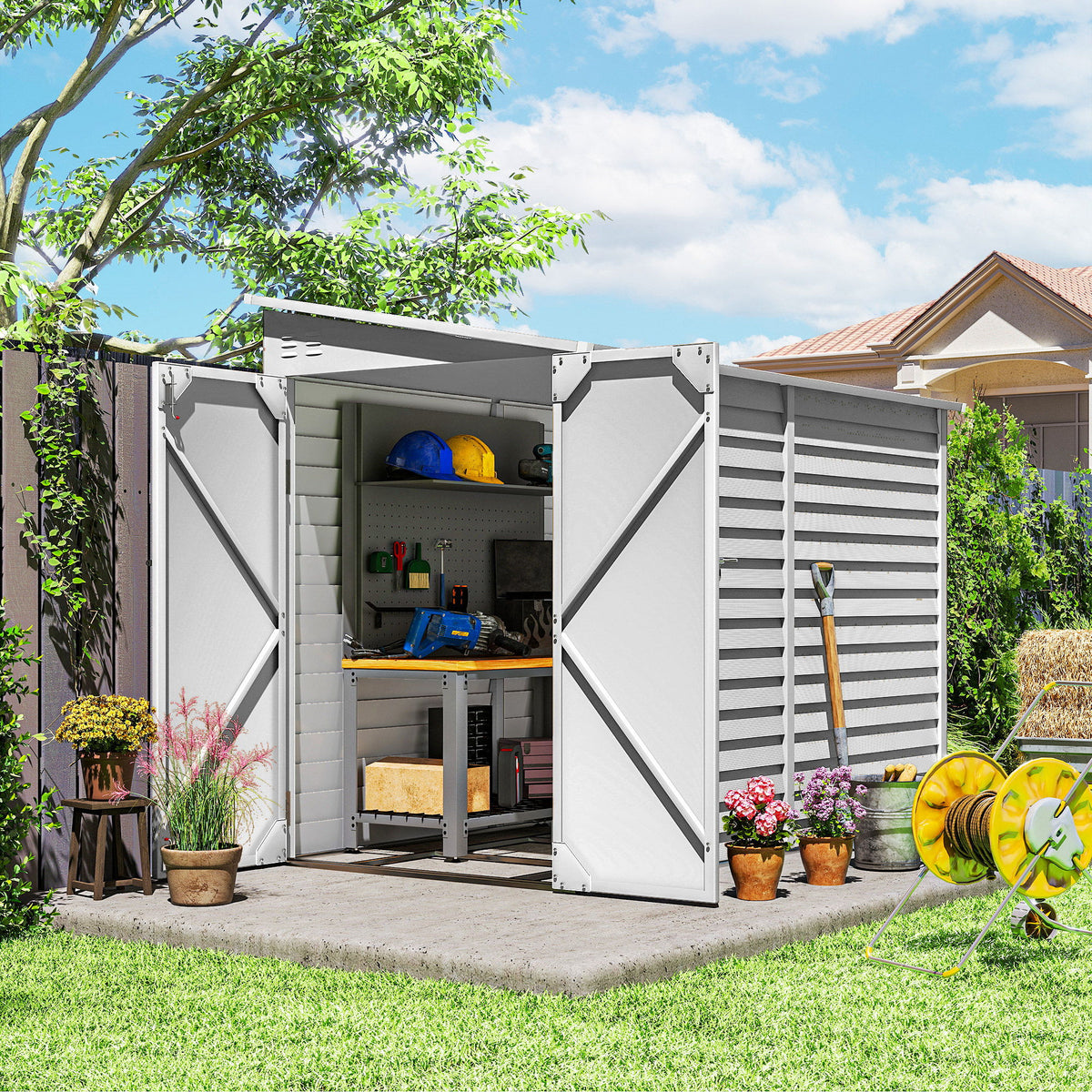 4.6' x 9' Steel Outdoor Storage Shed, Lean to Shed, Metal Tool House with Foundation Kit, Lockable Doors, Gloves and 2 Air Vents for Backyard, Patio, Lawn, White