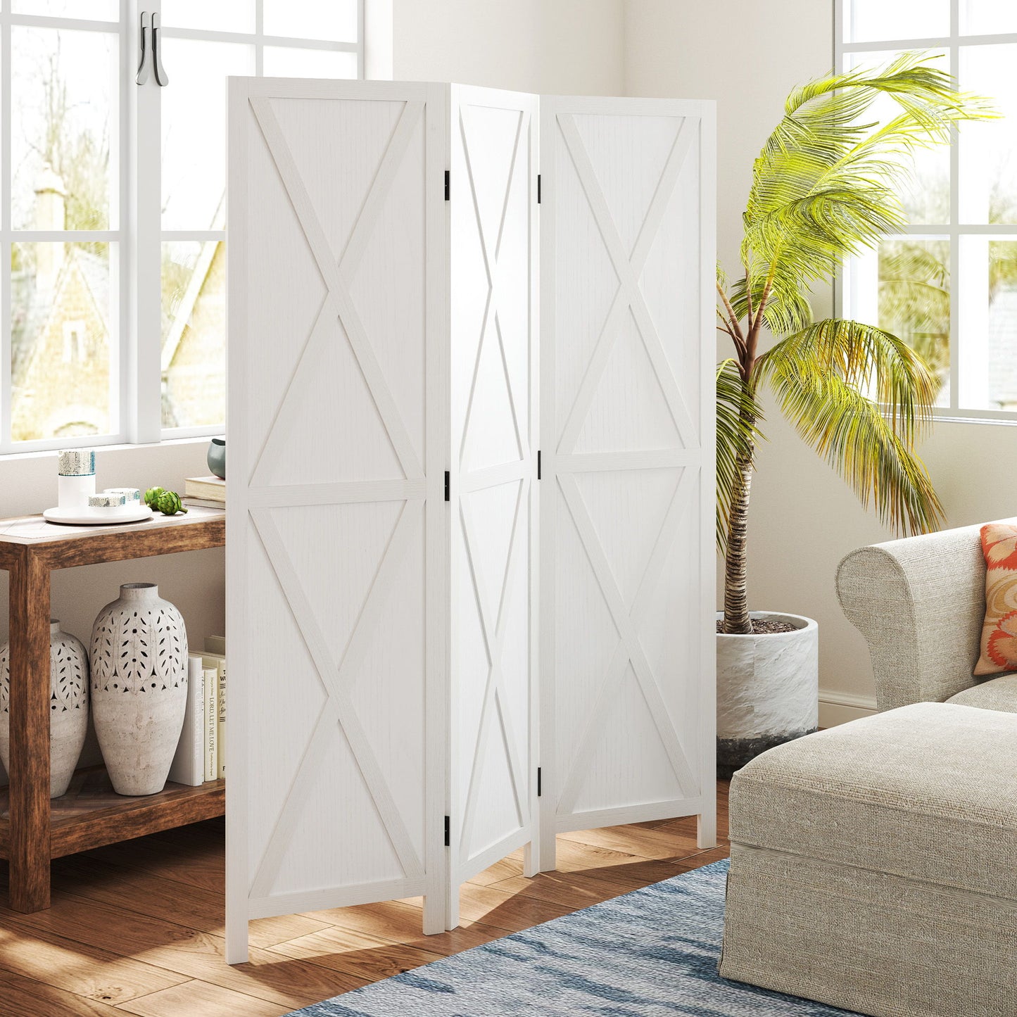3-panel Wall Partition Farmhouse Room Separator with Foldable Design Wooden Frame 5.6FT, White