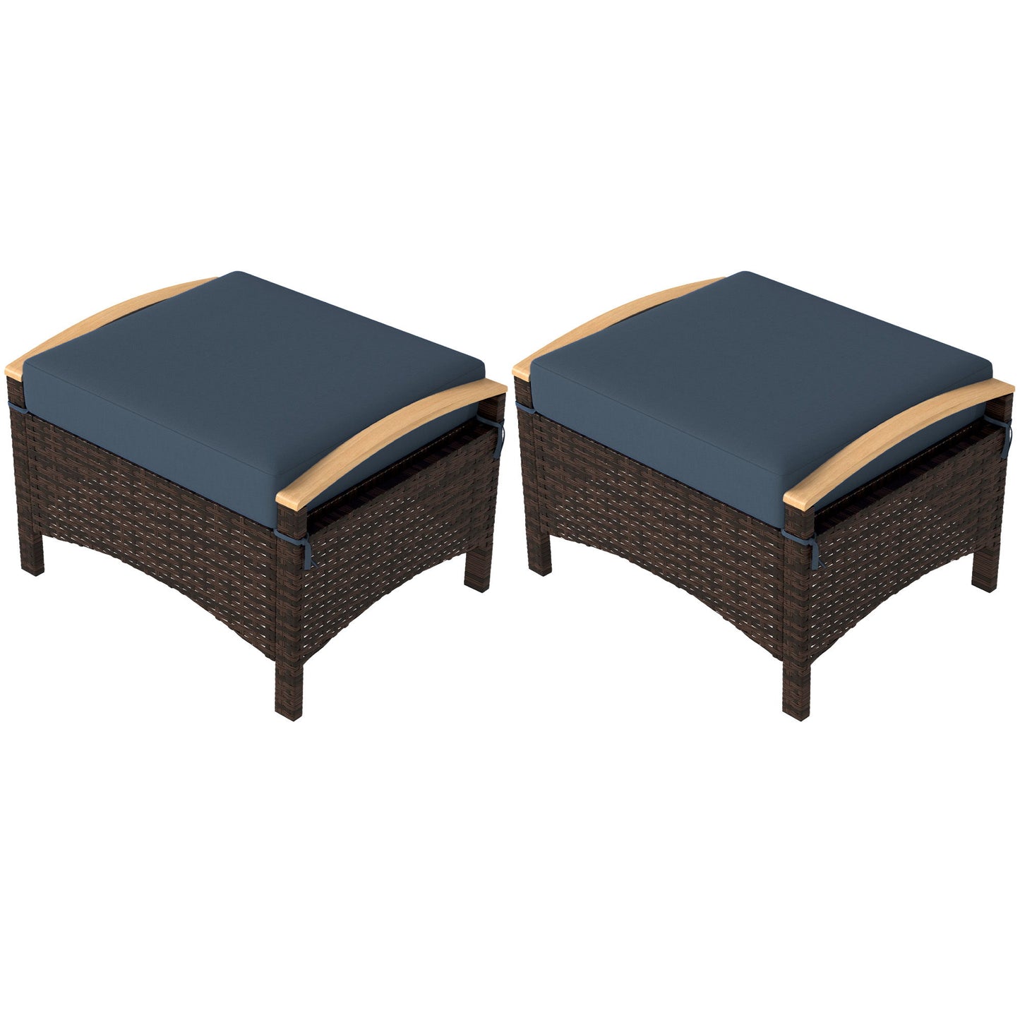 2 Pieces Wicker Outdoor Ottoman with Removable Cushion, Rattan Outdoor Footstool, Footrest and Side Table, Blue