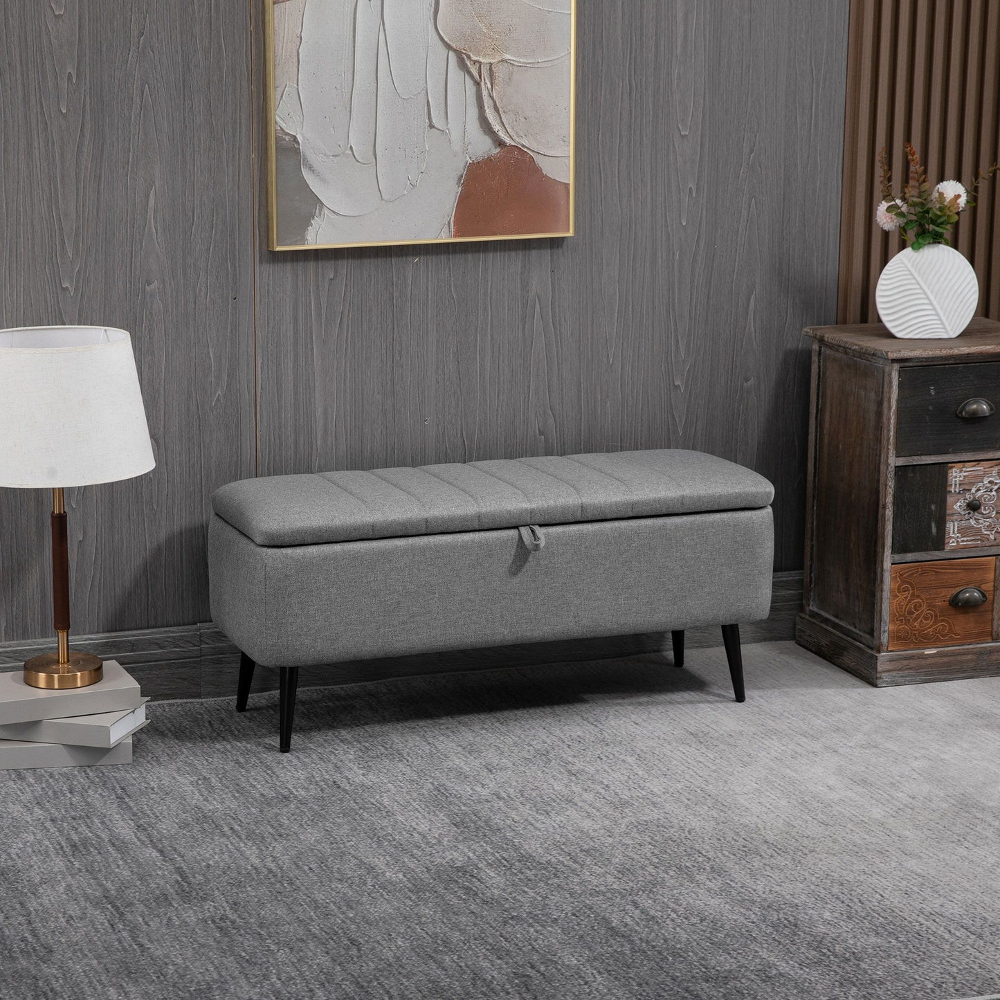 40" Ottoman with Storage, Linen Upholstered Storage Ottoman Bench with Steel Legs for Living Room, Bedroom Grey