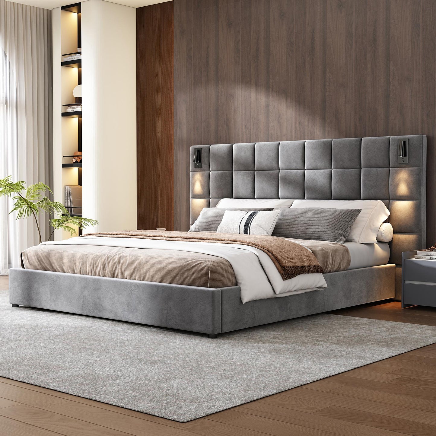 Queen Platform Bed Frame with Built-in Reading Lamps and USB Port, Platform Bed with High Headboard, 84.5'' L x 92'' W x 45.5'' H, Gray