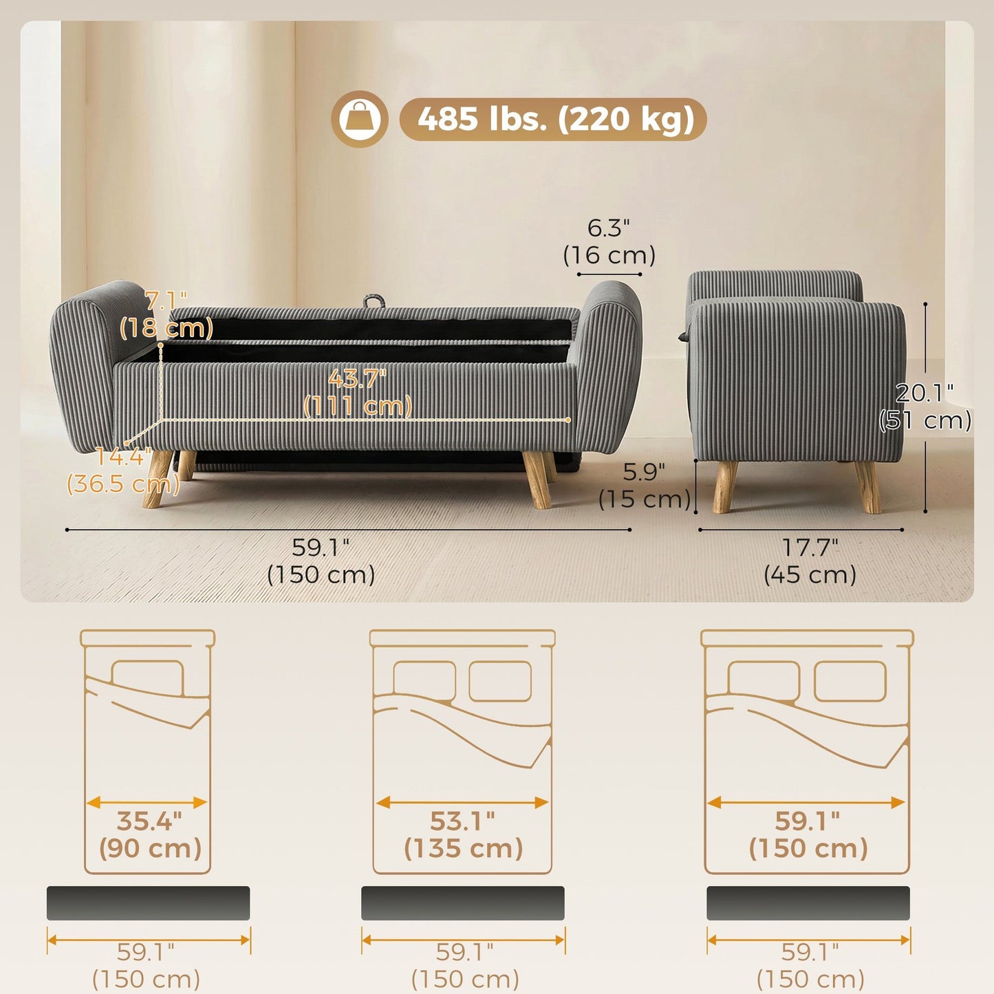 59" Corduroy End-of-Bed Storage Bench - Dark Grey