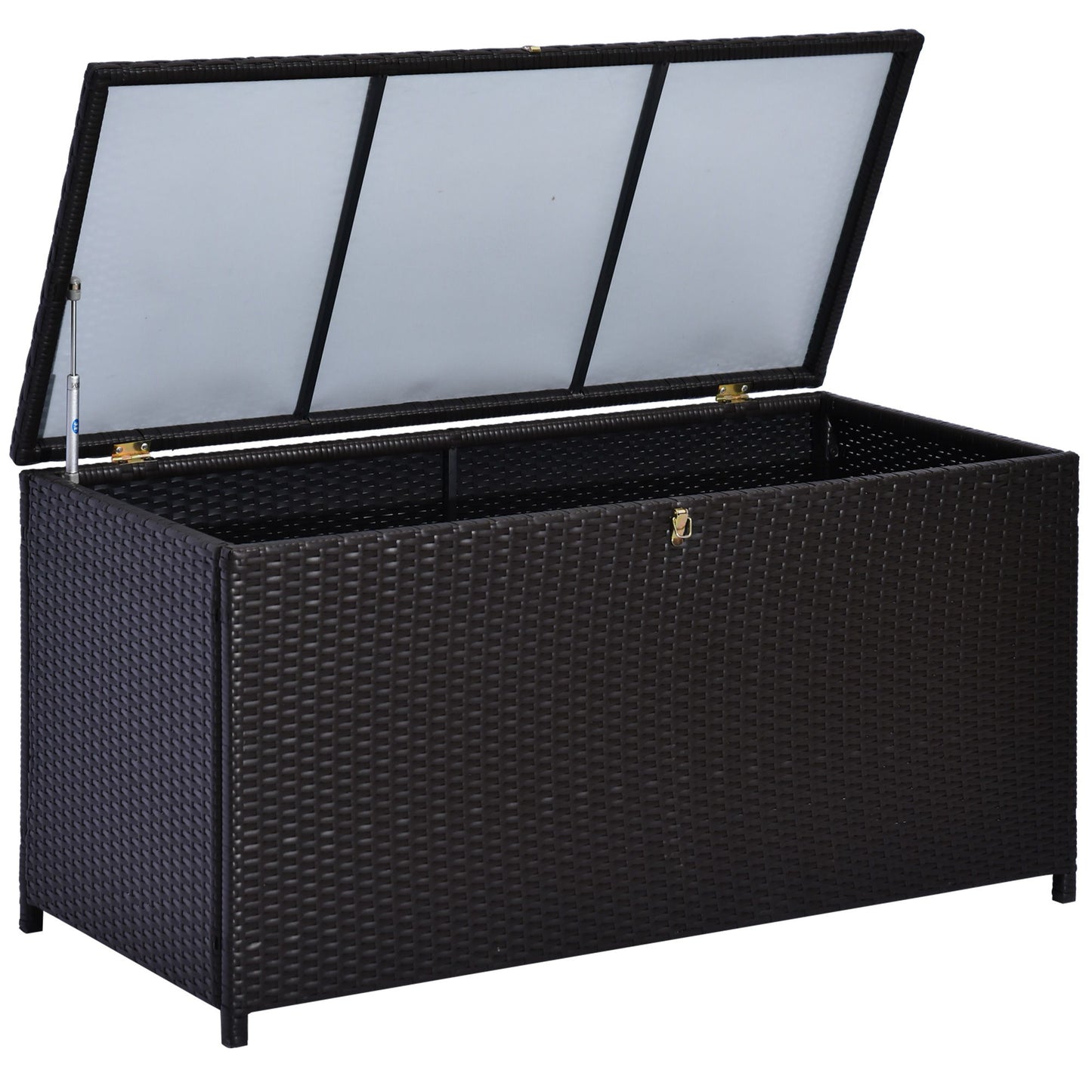 Wicker Outdoor Storage Box, 75 Gallon Deck Box with Gas Strut and Clamp Lid, Rattan Patio Storage Container for Gardening Tools, Pool Supplies, Dark Brown