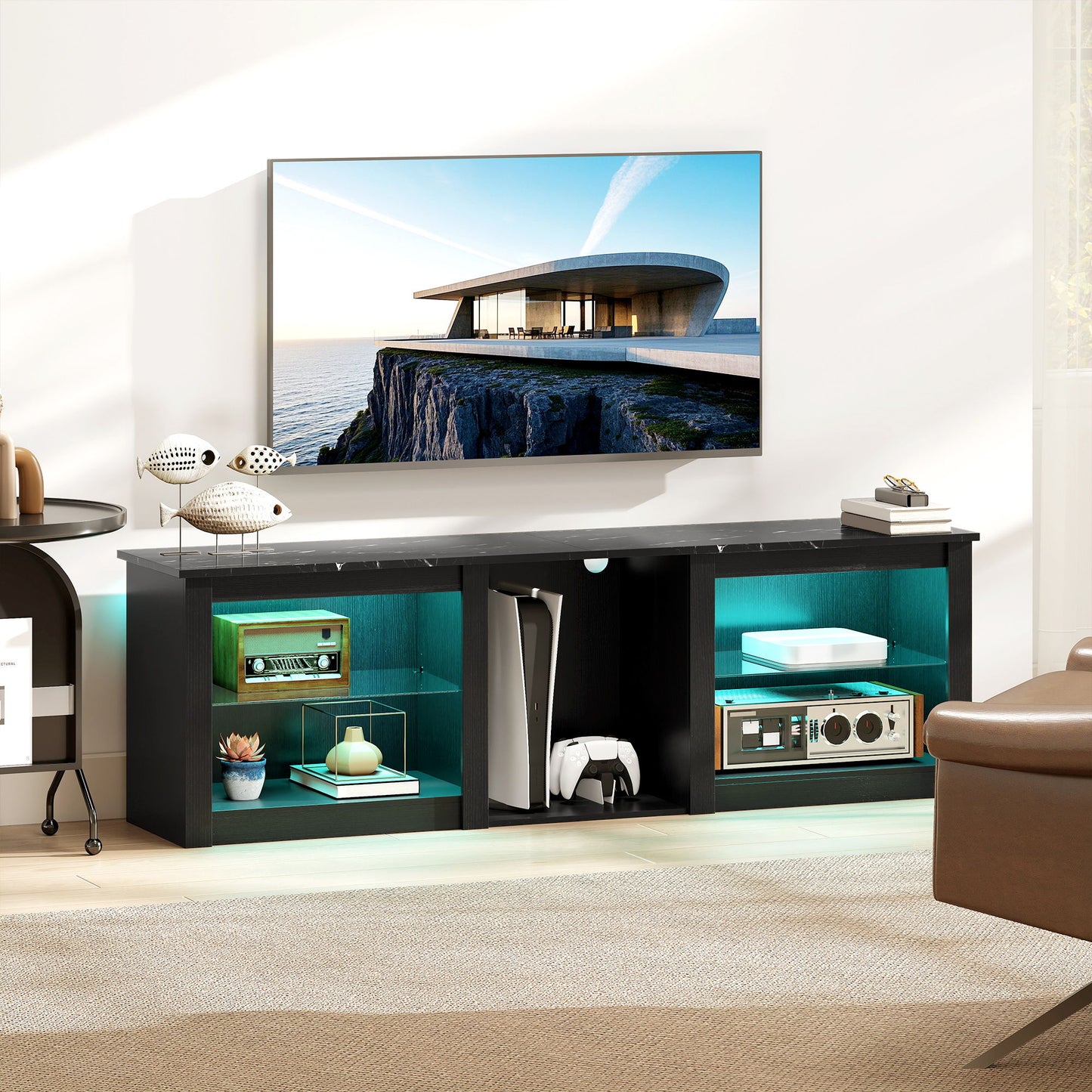 TV Stand with LED Lights, Modern Entertainment Center with Adjustable Glass Shelves, for TVs up to 65 Inch, Black