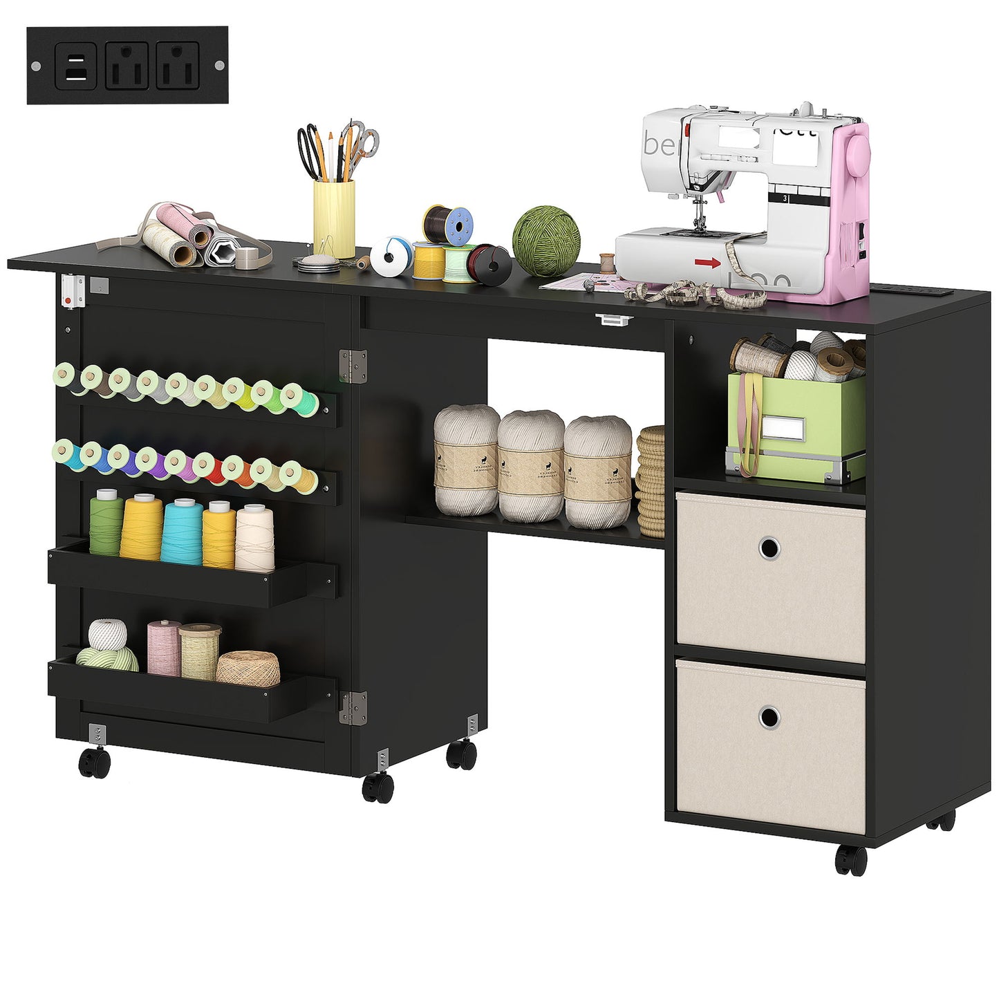 Rolling Sewing Machine Table with Power Outlet, Folding Craft Table with 2 Fabric Drawers, 2 Bins and 18 Pegs, Black