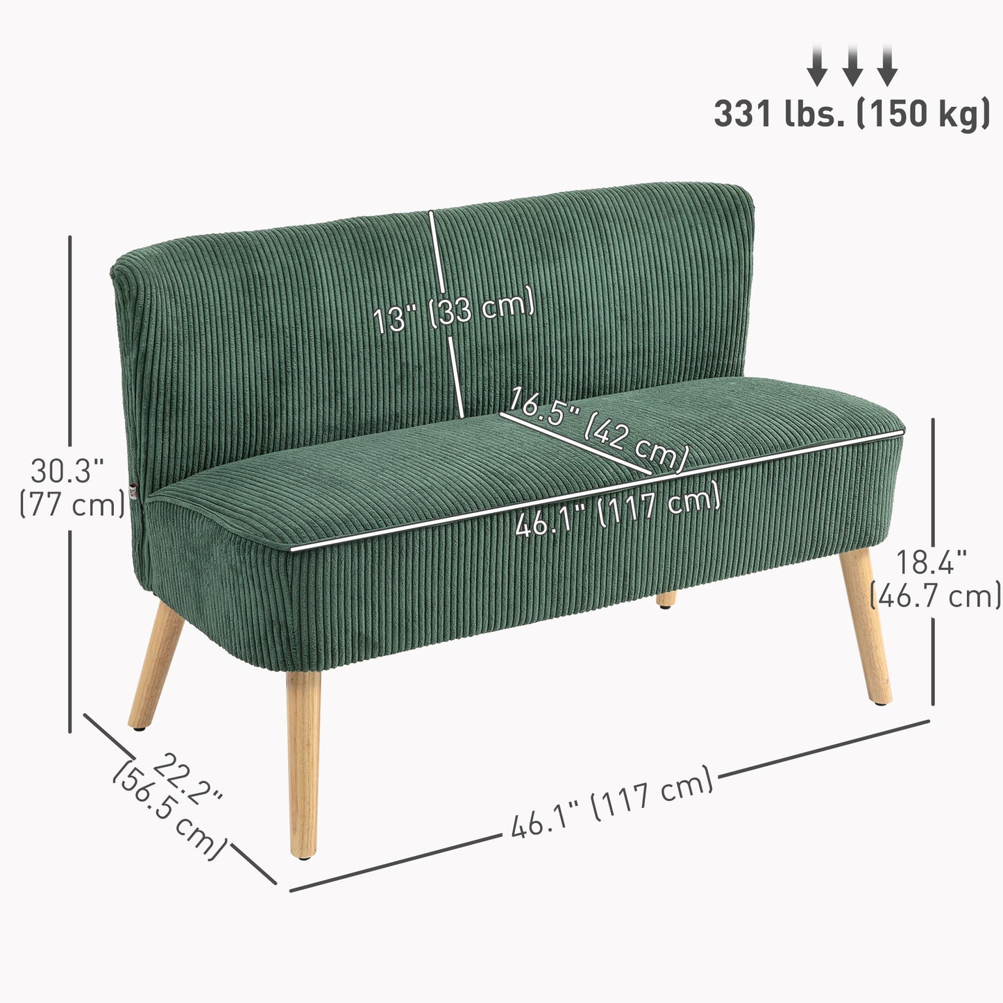 Modern 2 Seater Sofa, Upholstered Two Seater Couch with Rubber Wood Legs, Green