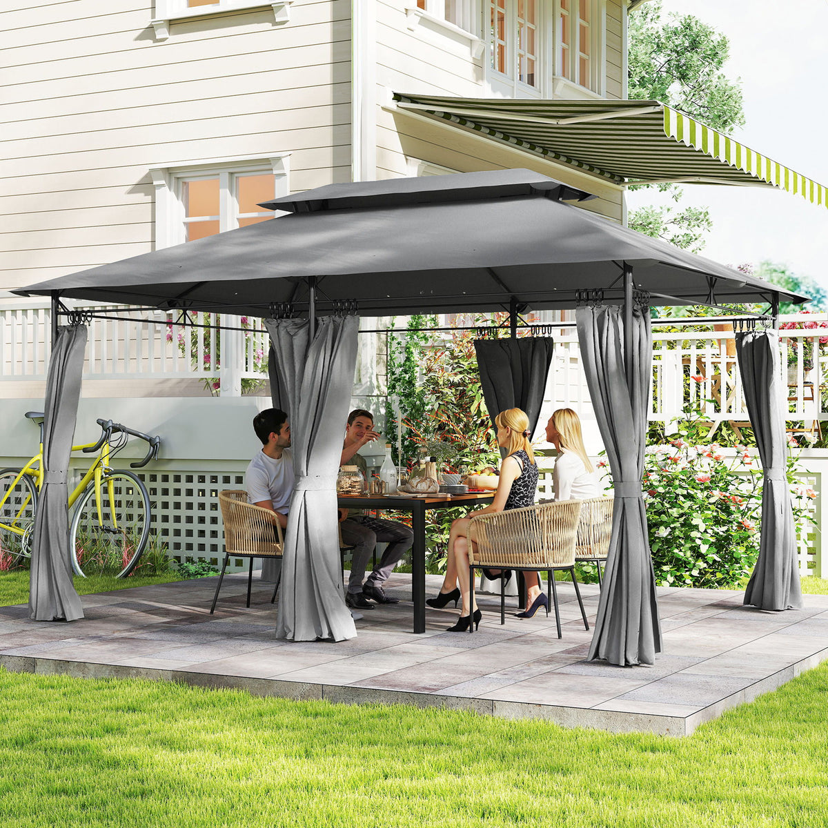 10' x 13' Double Roof Patio Gazebo, Outdoor Gazebo with Curtains, for Garden, Lawn, Backyard and Deck, Dark Grey