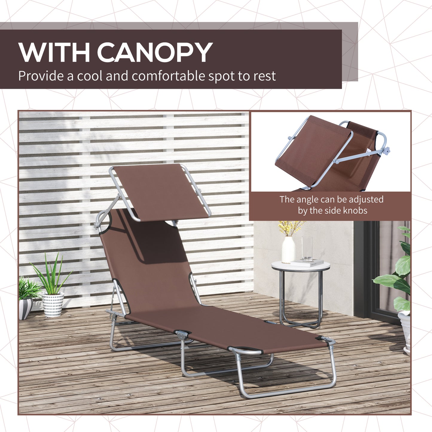 Outdoor Lounge Chair, Adjustable Folding Chaise Lounge, Tanning Chair with Sun Shade for Beach, Camping, Hiking, Backyard, Light Grey