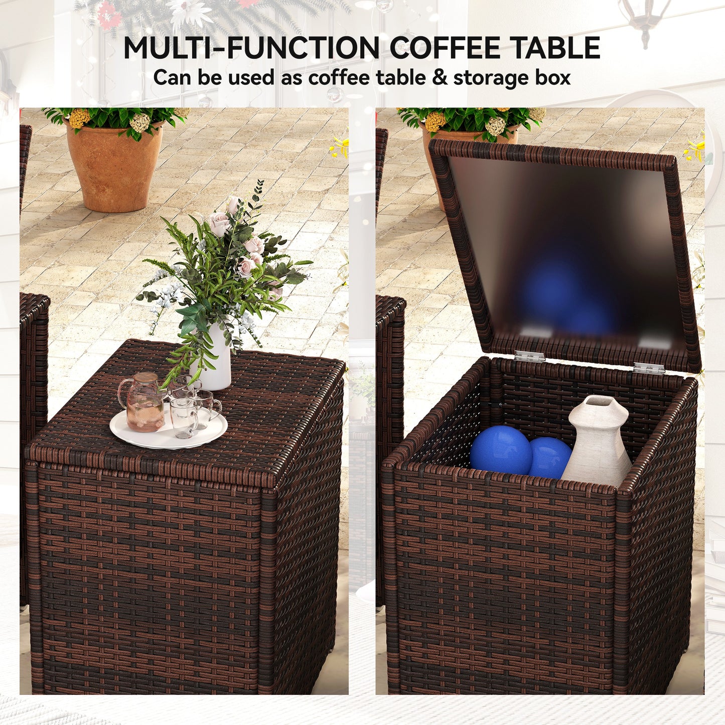 3 Pieces Wicker Patio Furniture Set, Rattan Bistro Set with Storage Coffee Table and Thickened Cushions, Outdoor Conversation Set for Garden, Porch, Balcony, Beige