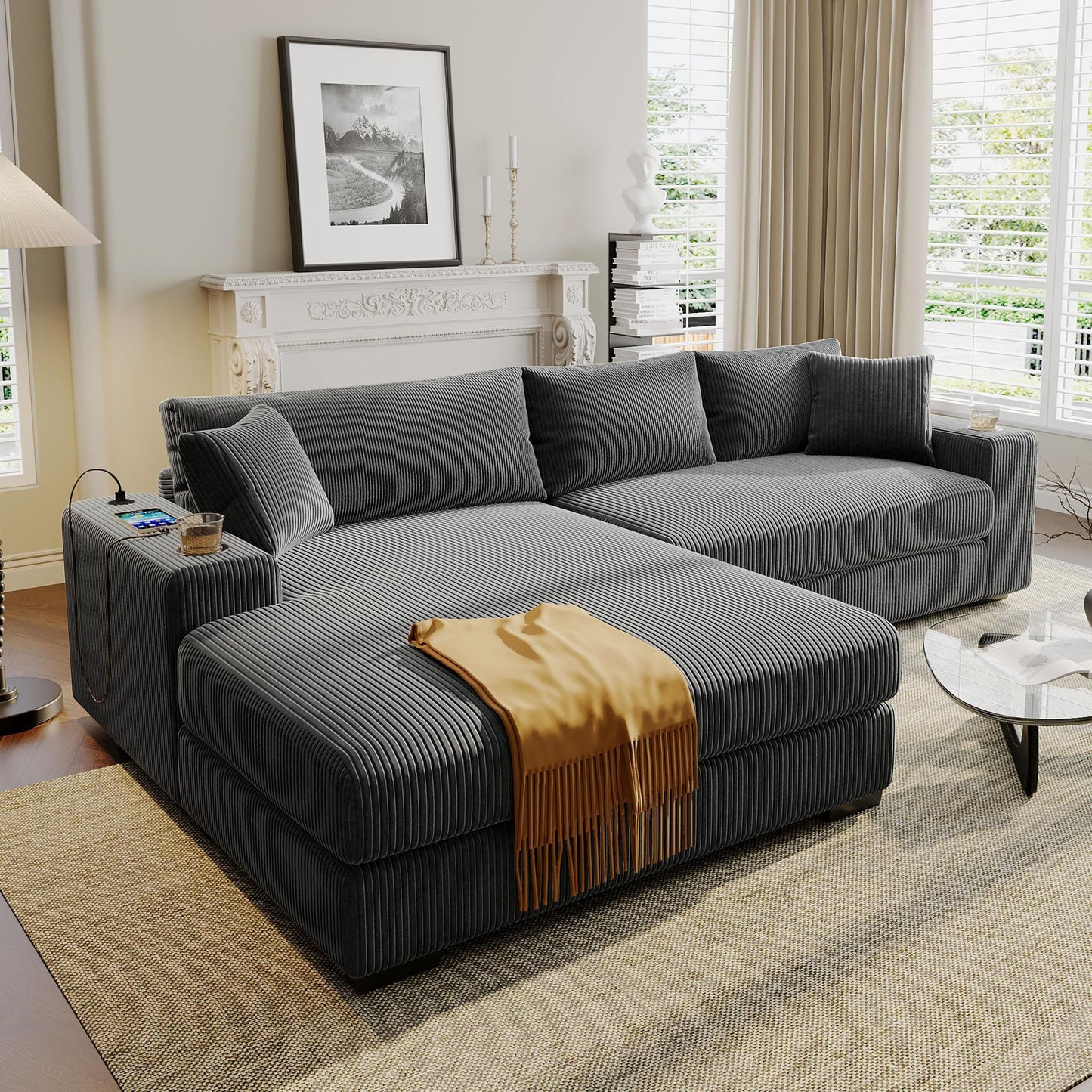 Large Corner Sectional Sofa with Extra-Thick Cushions, Comfortable Upholstered Couch for Living Room, 111.5" L x 59" W x 32" H, Gray