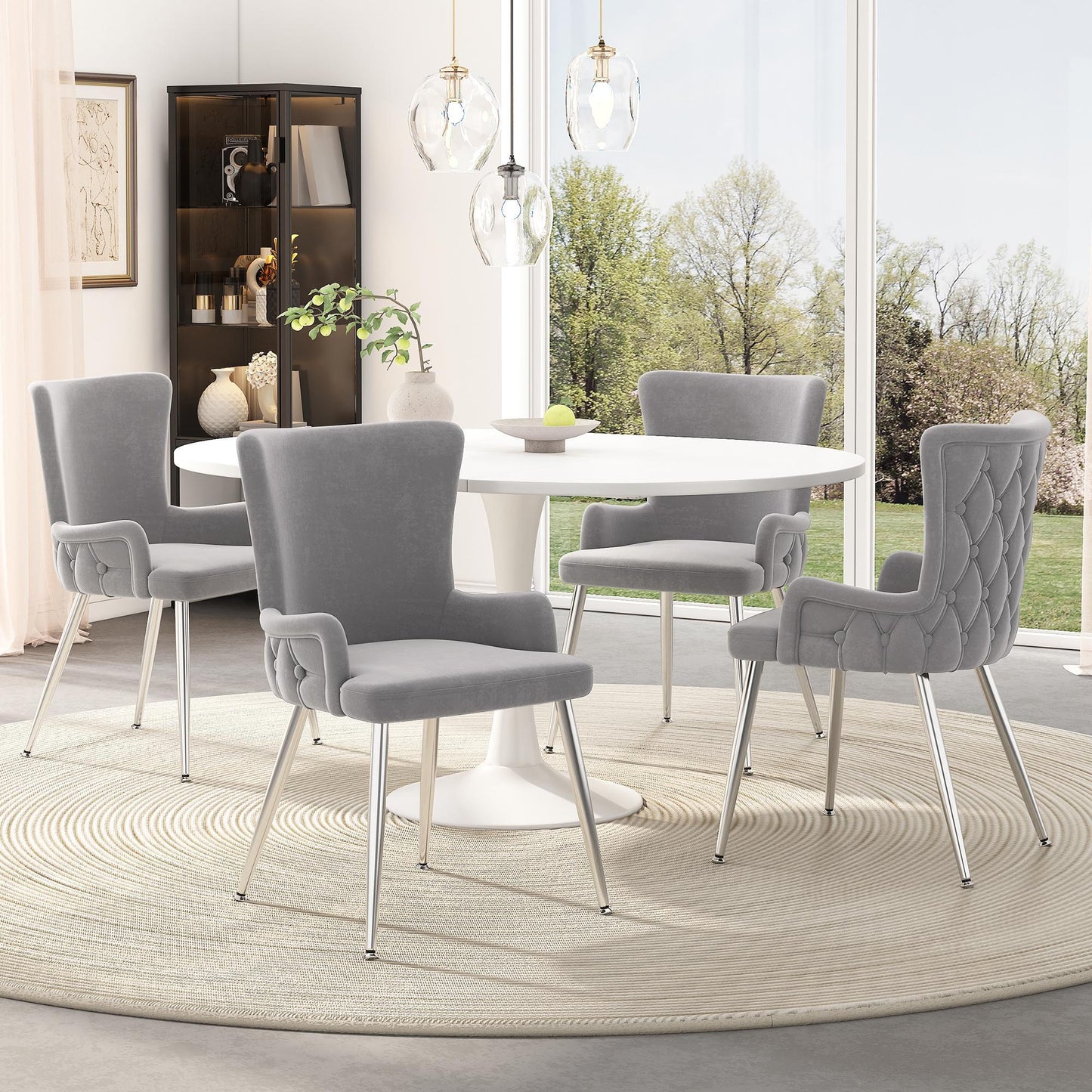 Modern Extendable Dining Set with Table and 4 Chairs, Space-Saving Dining Set for 4–6 Seaters, 55'' L x 39.5'' W x 29.5'' H, Grey+Silver+White