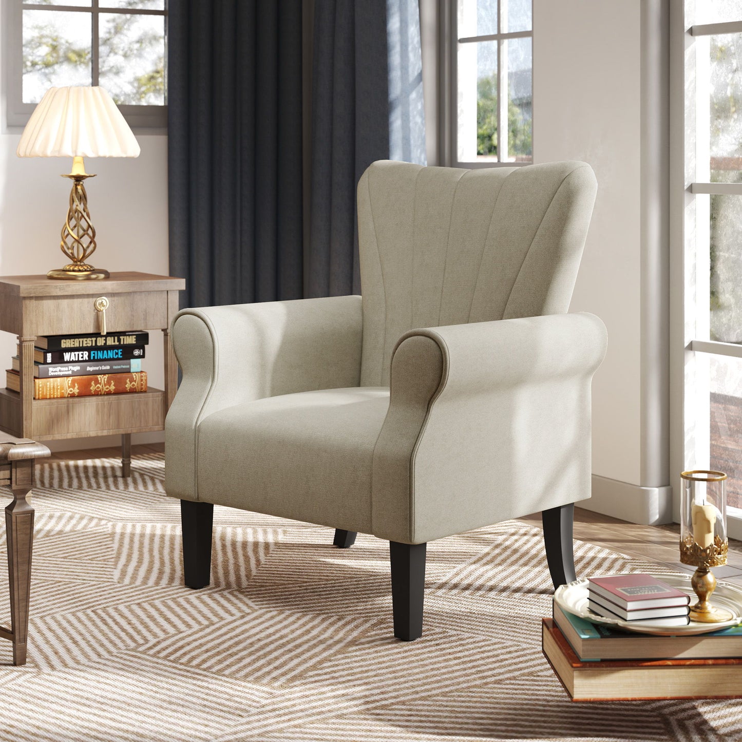 Fabric Armchair, Modern Accent Chair with Wood Legs for Living Room, Bedroom, Home Office, Beige