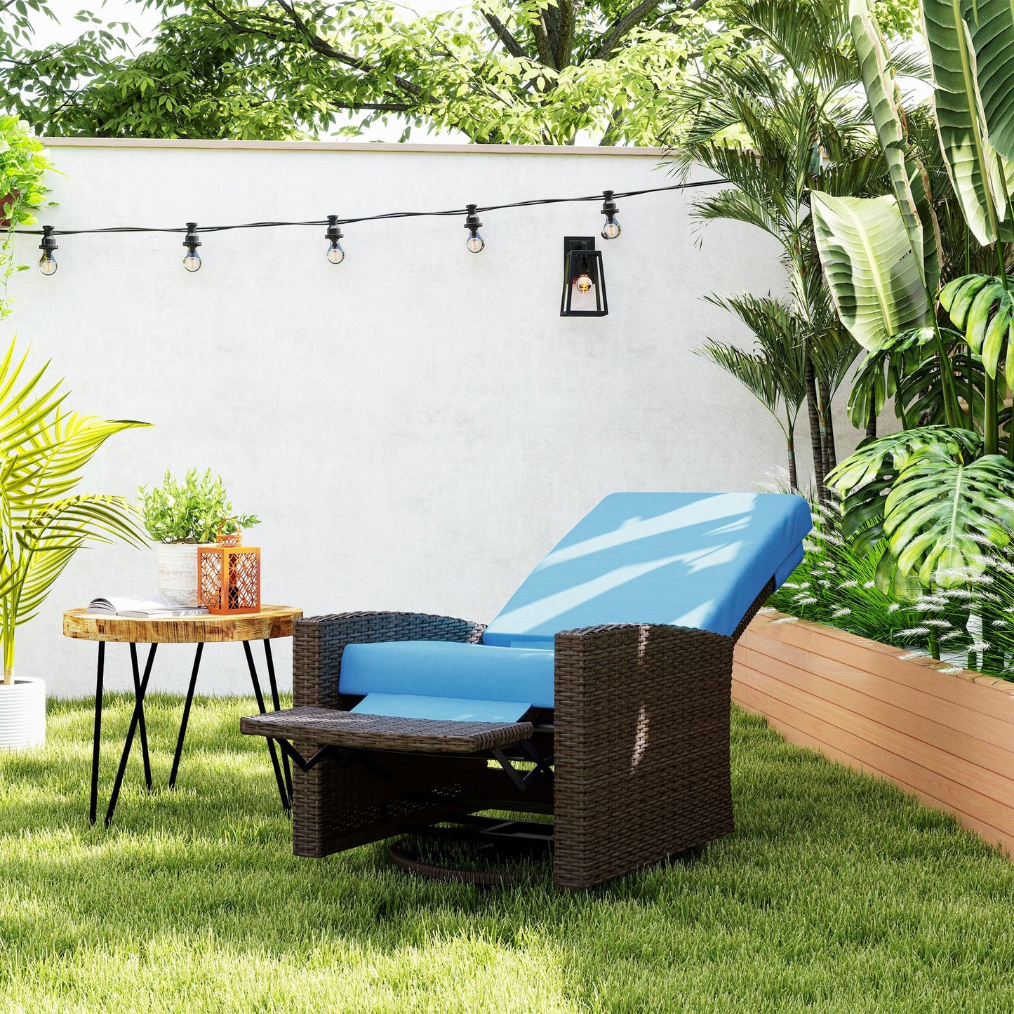 Outdoor Rattan Wicker Lounge Chair with Footrest & Soft Cushion for Patio, Garden, Backyard, Sky Blue