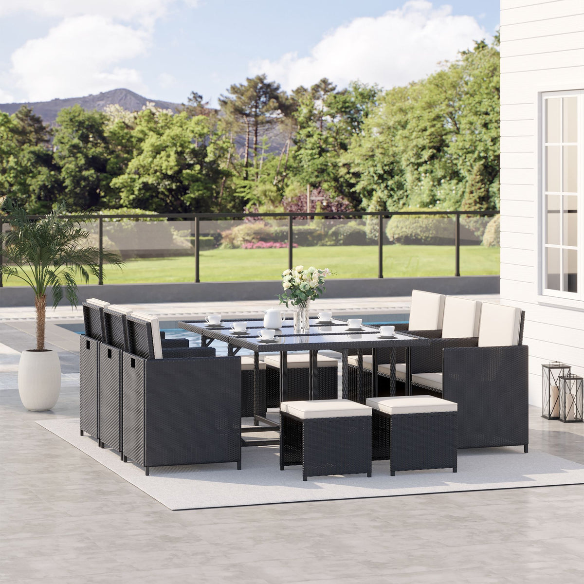11 Pieces Wicker Patio Dining Set, Space-saving Outdoor Furniture Set with Removable Cushions, Glass Top Dining Table, 6 Armchairs, 4 Ottomans, PE Rattan Conversation Set