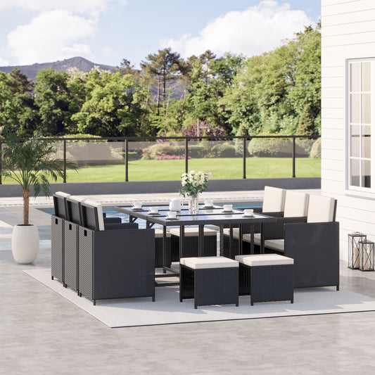 11 Pieces Wicker Patio Dining Set, Space-saving Outdoor Furniture Set with Removable Cushions, Glass Top Dining Table, 6 Armchairs, 4 Ottomans, PE Rattan Conversation Set