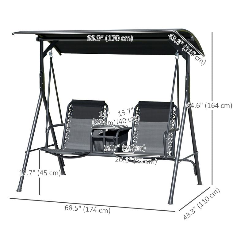 2-Person Porch Swing with Storage Table & Cup Holder