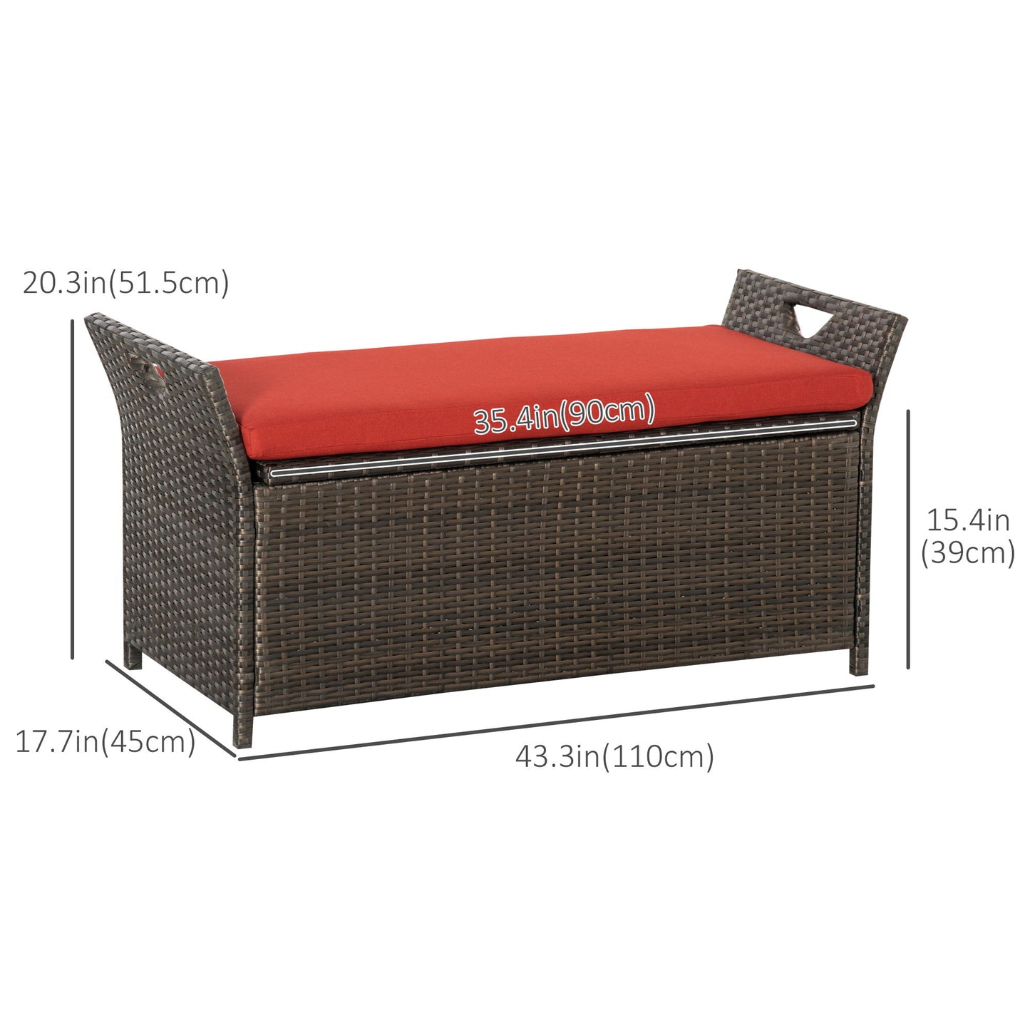 2-In-1 Outdoor PE Rattan Storage Bench, 29 Gallon Patio Wicker Furniture, Basket Box with Handles and Cushion Red