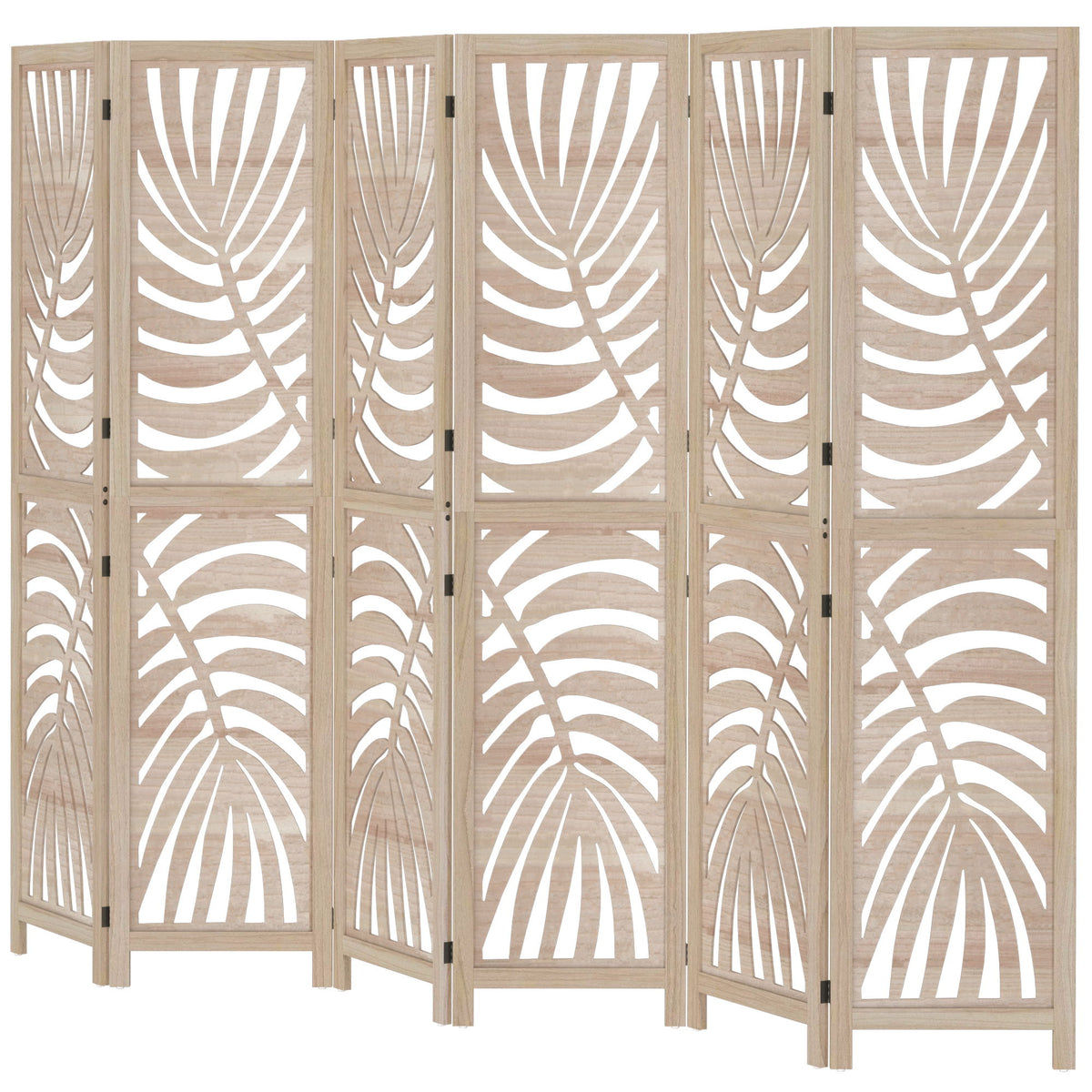 6 Panel Room Divider, Detachable Folding Privacy Screens with Palm Leaf Design for Home Office, Natural Wood
