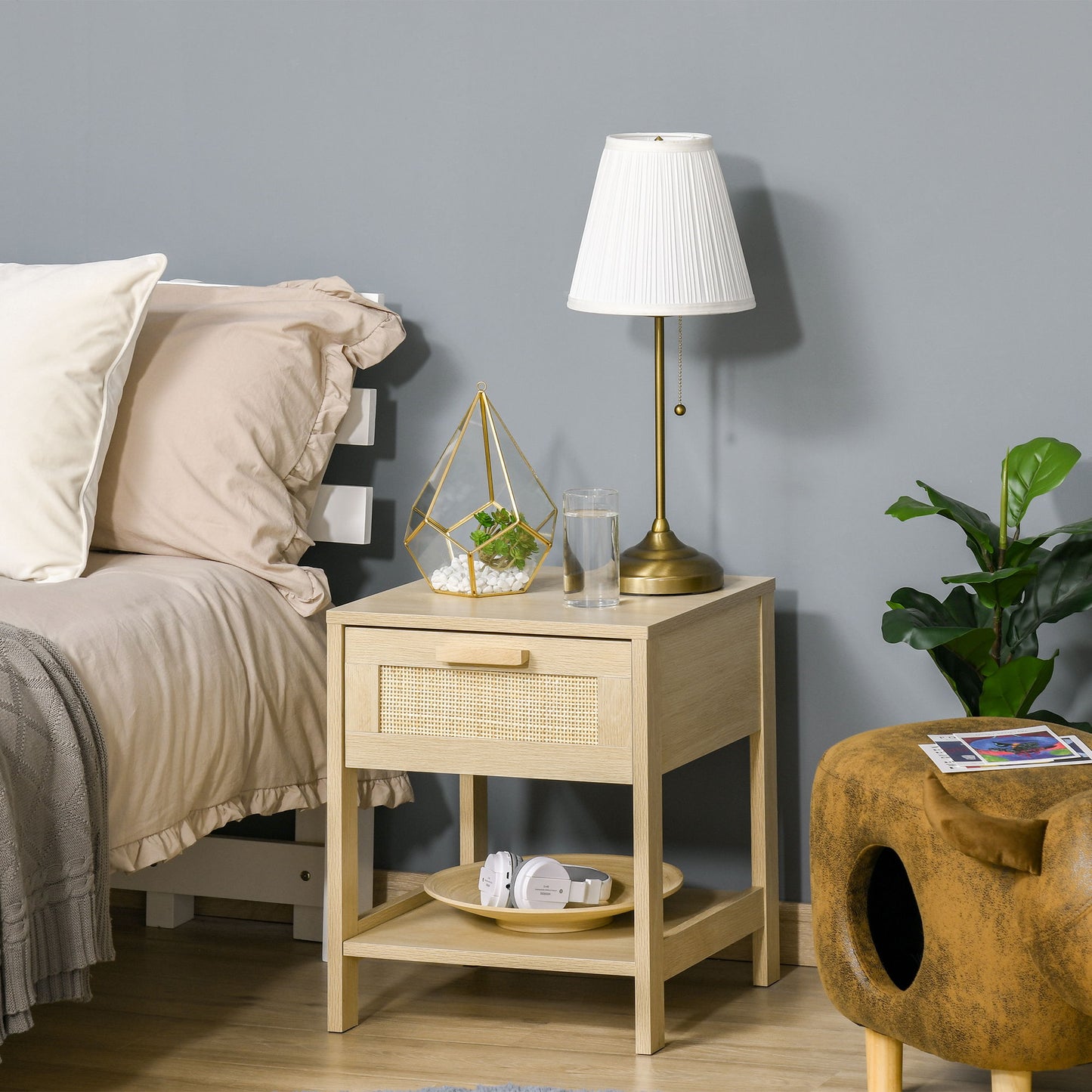 Narrow Nightstand with Rattan Elements, Bedside Table with Drawer and Storage Shelf for Bedroom, Natural