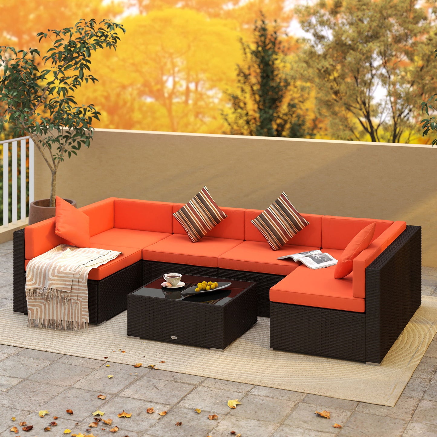 7 Pieces Patio Furniture Set, Rattan Conversation Set Garden Wicker Sofa Set with Washable Cushions and Coffee Table, for Deck Balcony Yard, Orange
