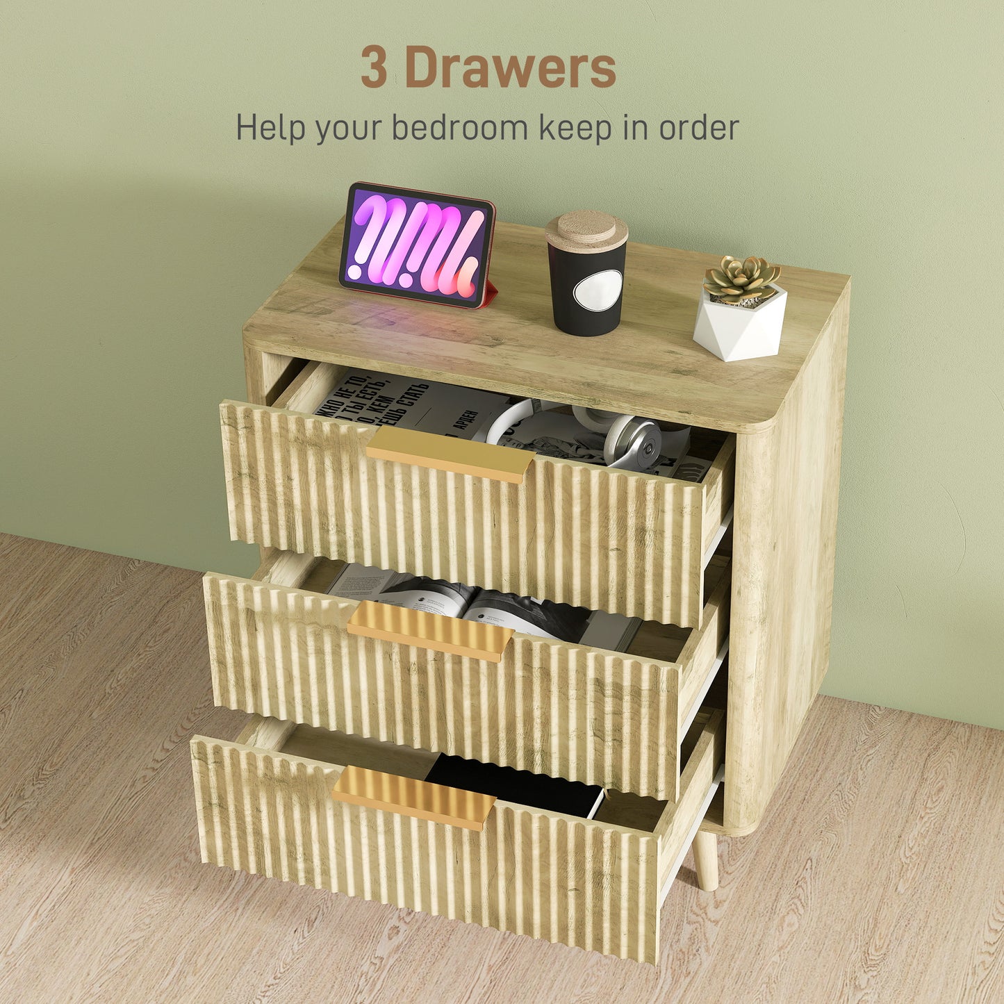 Fluted Chest of Drawers, Modern 3 Drawer Dresser with Pine Wood Legs, Finger Pulls for Closet, Living Room, Hallway, Oak
