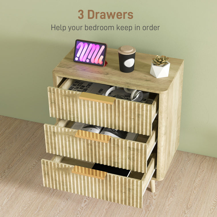 Fluted 3-Drawer Dresser with Pine Legs - Oak