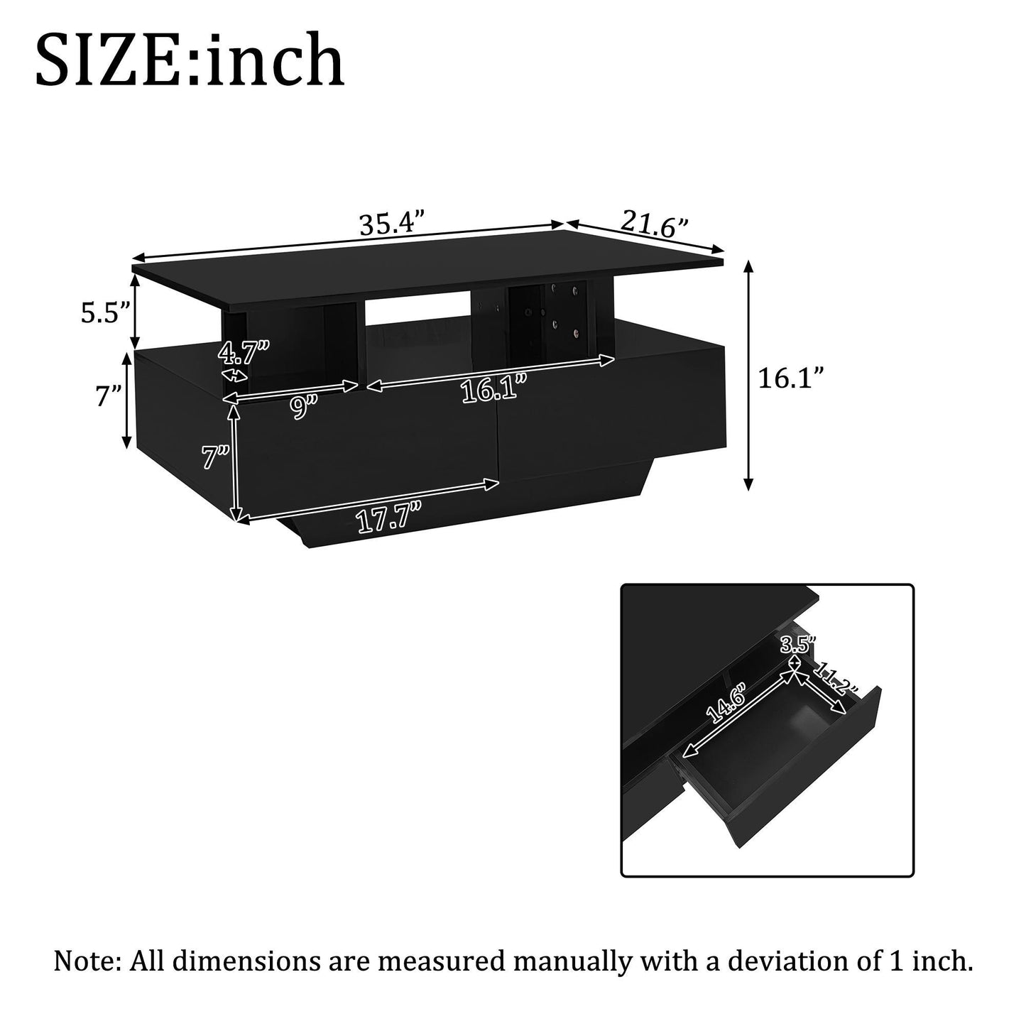 High-Gloss Coffee Table with LED Lighting and 2 Drawers, Versatile Centre Table with Open Storage, 35.5'' L x 21.5'' W x 16'' H, Black